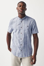 Blue Grandad Collar Textured Stripe Short Sleeve Shirt With Grandad Collar - Image 1 of 7