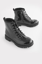Black Patent Standard Fit (F) Warm Lined Lace-Up Boots - Image 1 of 7