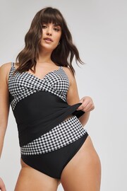 Figleaves Gingham Tailor Underwired Twist Front Tummy Control Black Tankini Top - Image 1 of 4