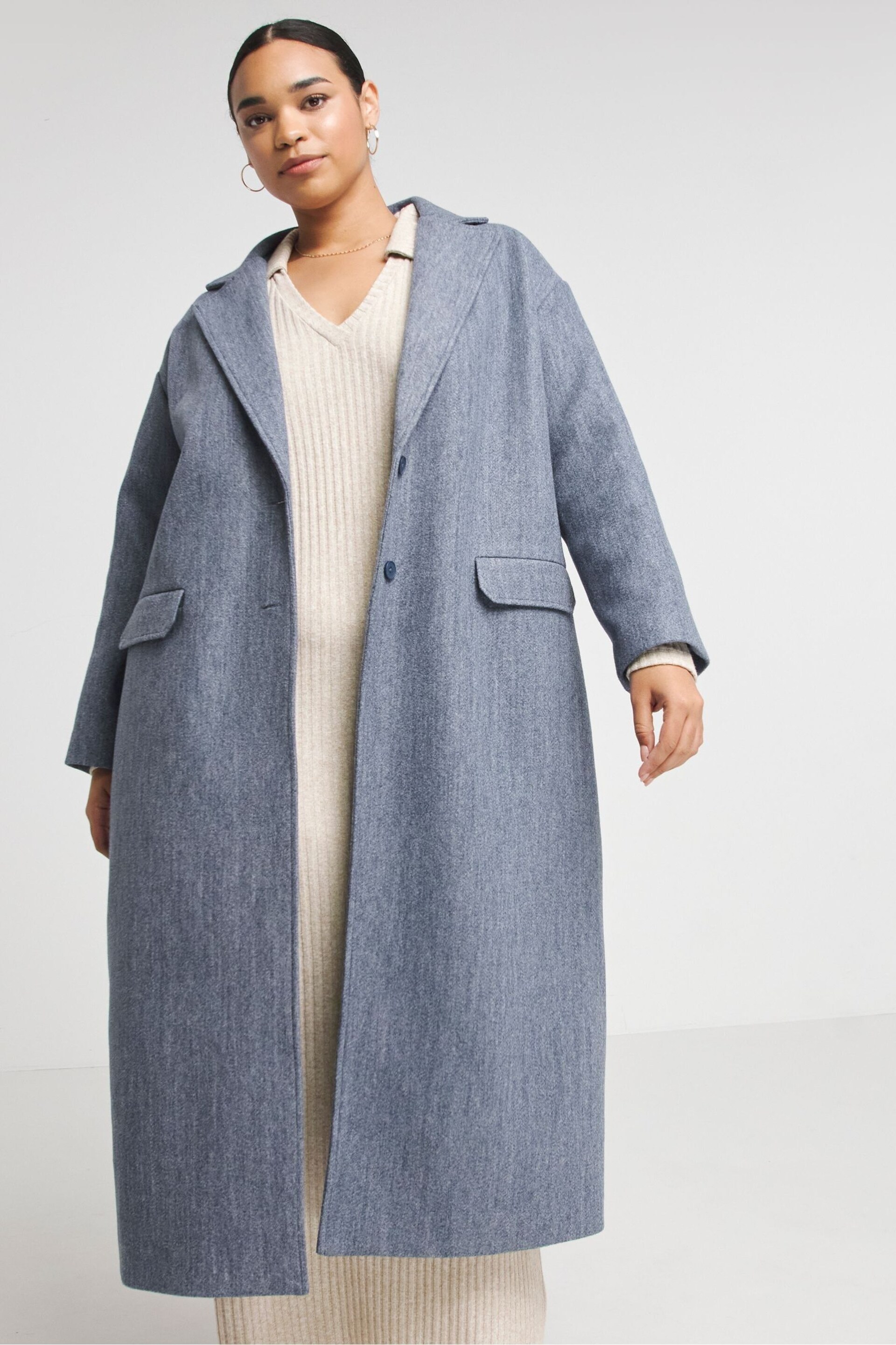 Simply Be Blue Denim Faux Fur Wool Maxi Formal Jacket - Image 1 of 4