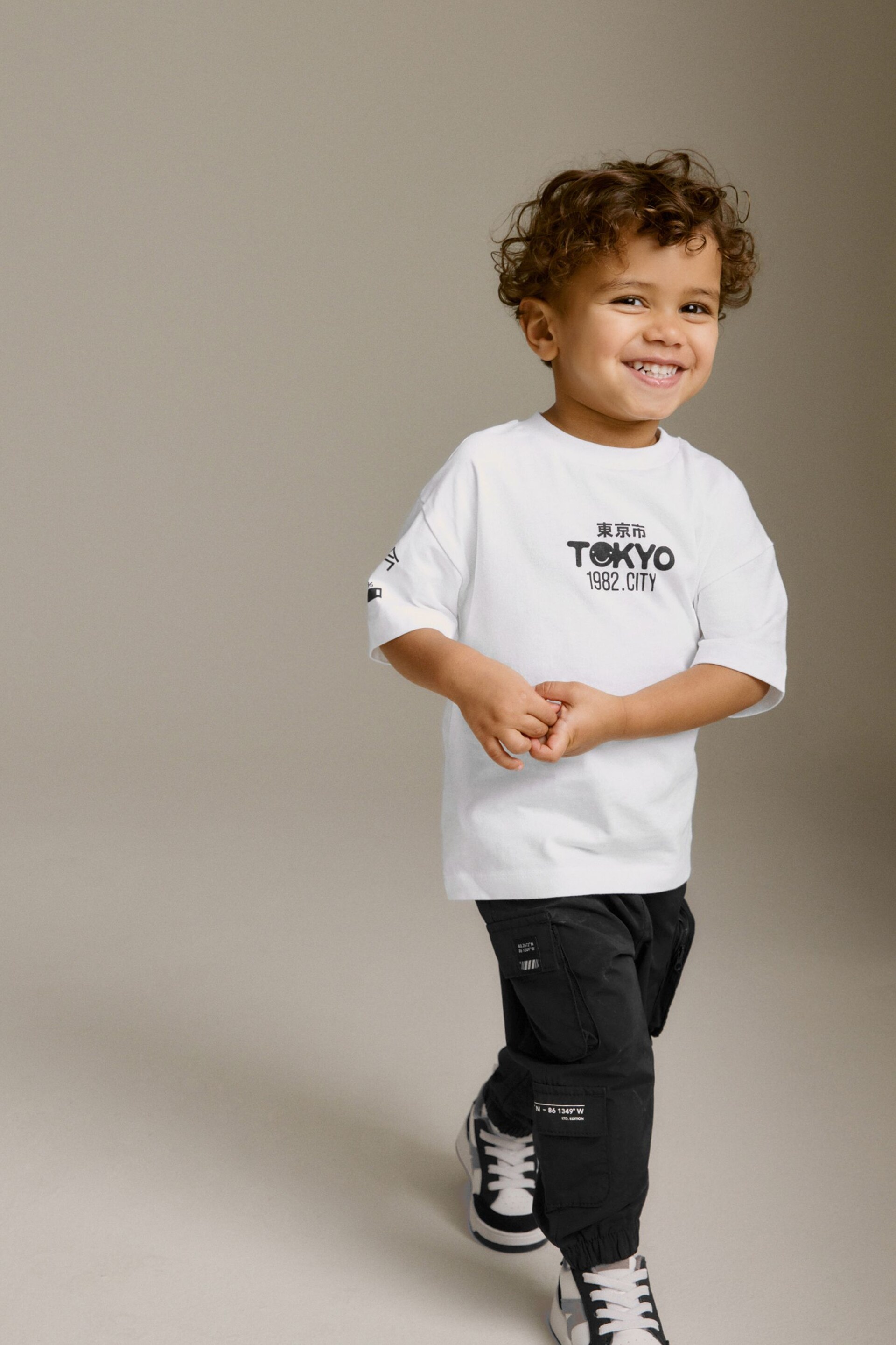 Black Multi Pocket Cargo Trousers & T-Shirt Set (3mths-7yrs) - Image 1 of 9