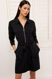 Black Mini Long Sleeve Soft Slinky Belted Dress - Image 1 of 6