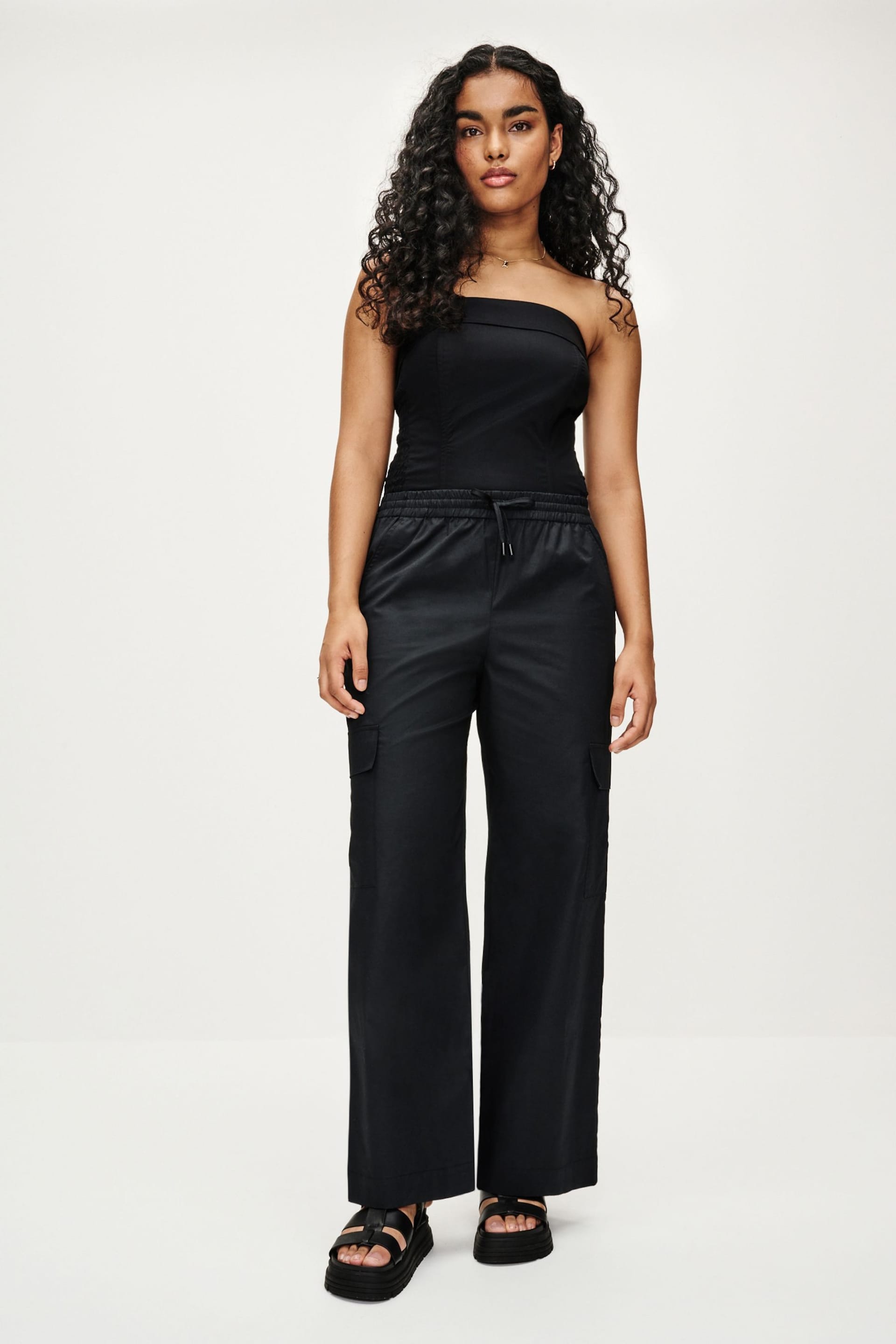 Black Wide Leg Cargo Trousers - Image 1 of 7