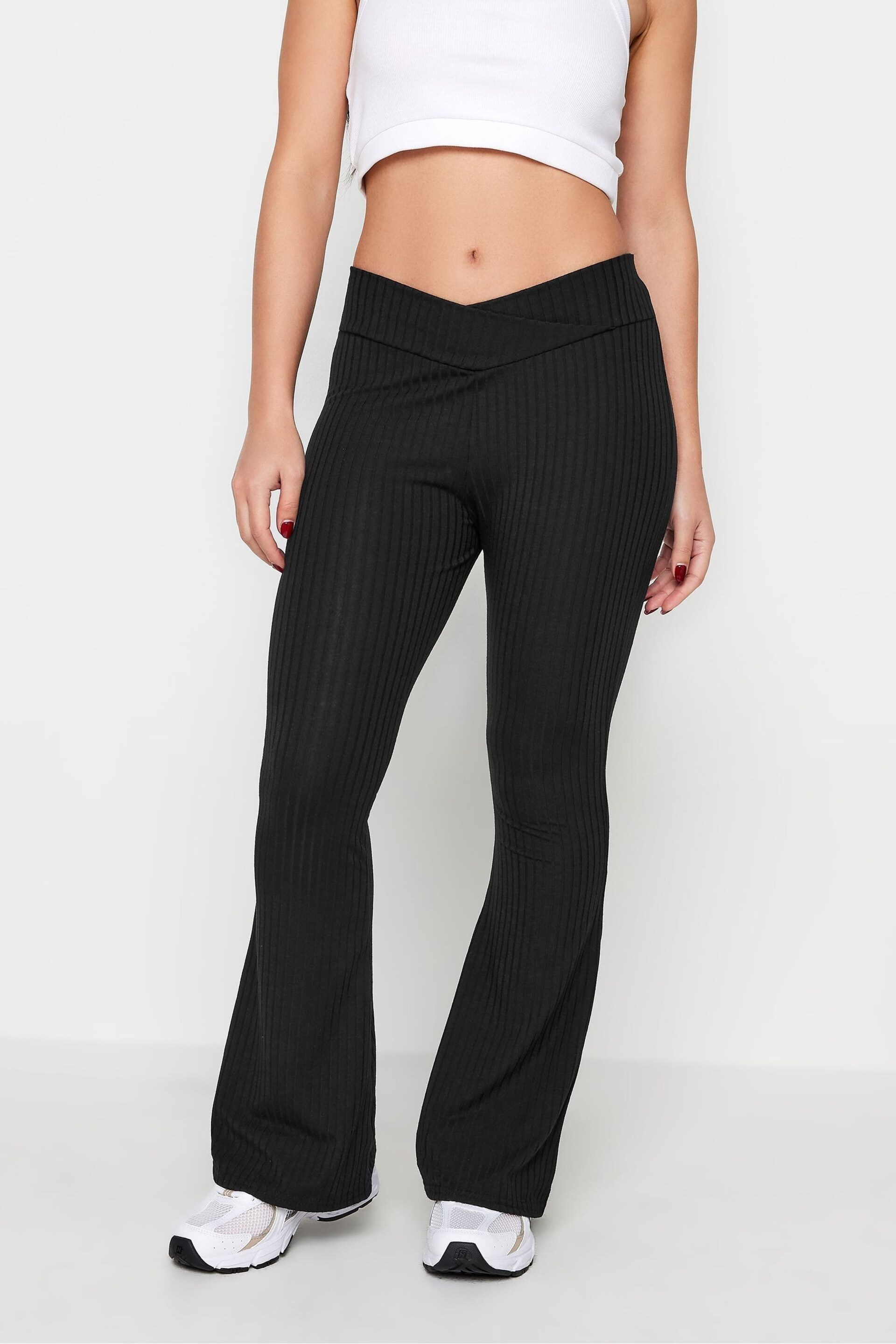 PixieGirl Petite Black V-Front Ribbed Flare Trousers - Image 1 of 6