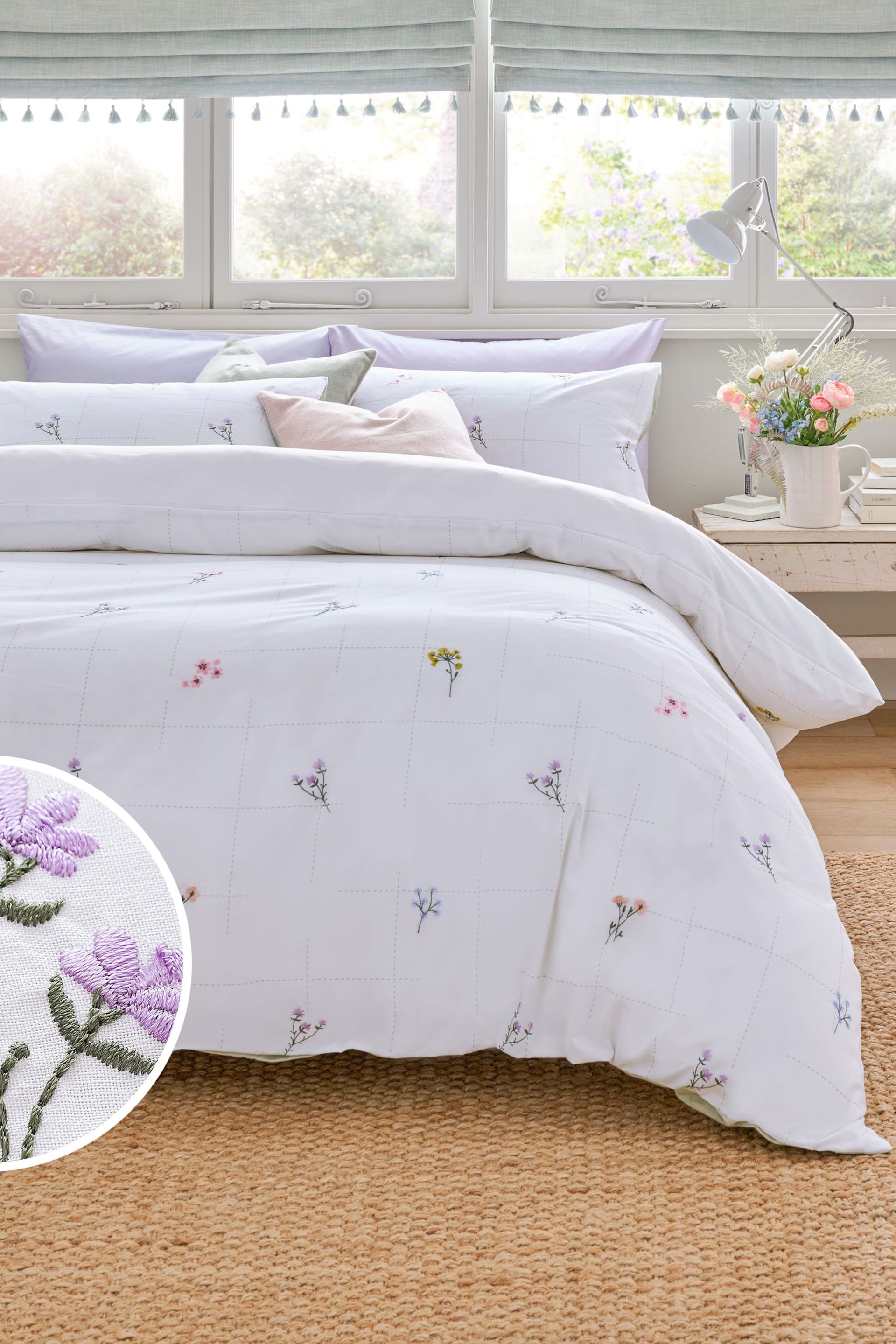 White Floral Embroidered Duvet Cover and Pillowcase Set - Image 1 of 5