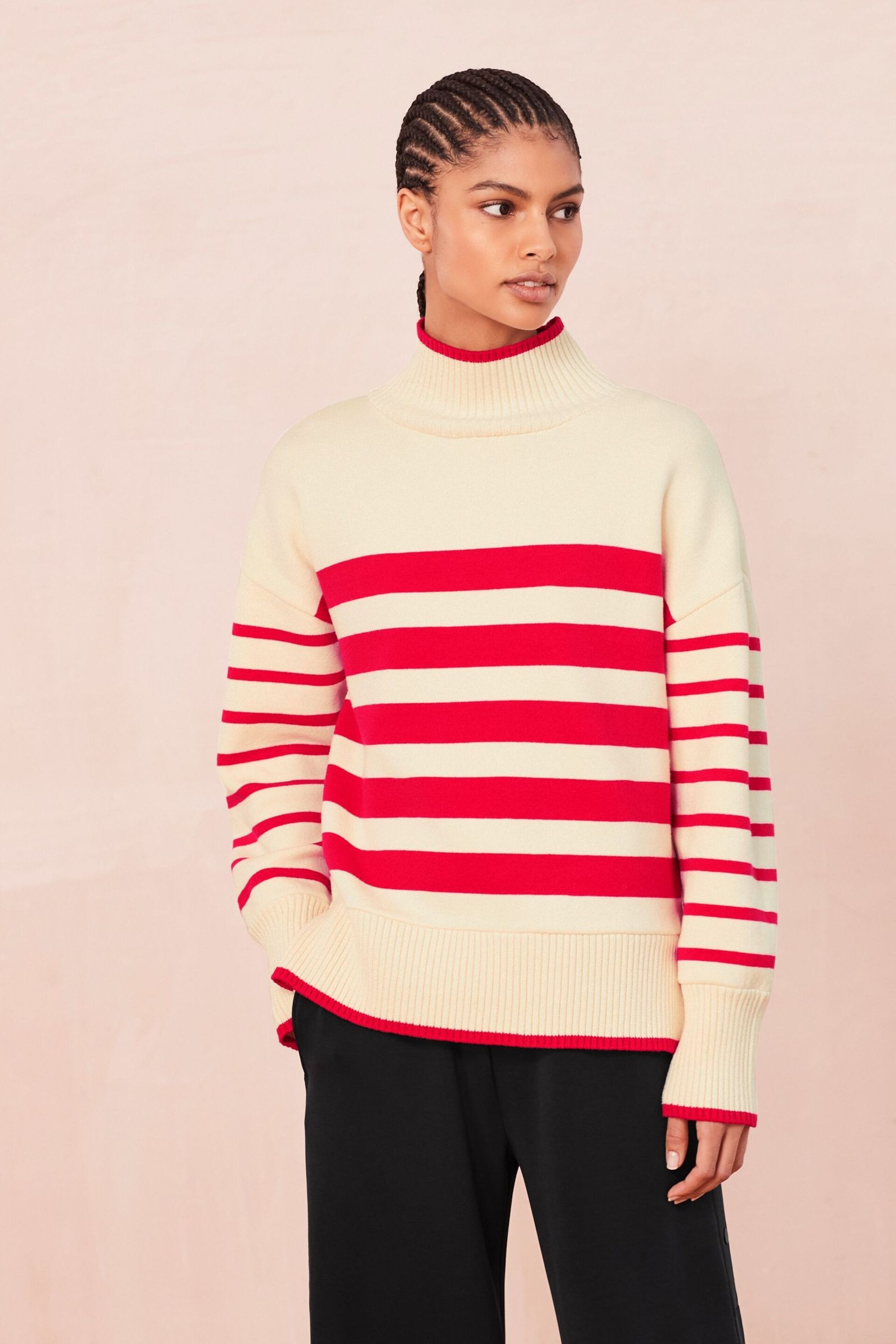 Red/Ecru Cream High Neck Stripe Cosy Knitted Jumper Long Sleeve Top - Image 1 of 7