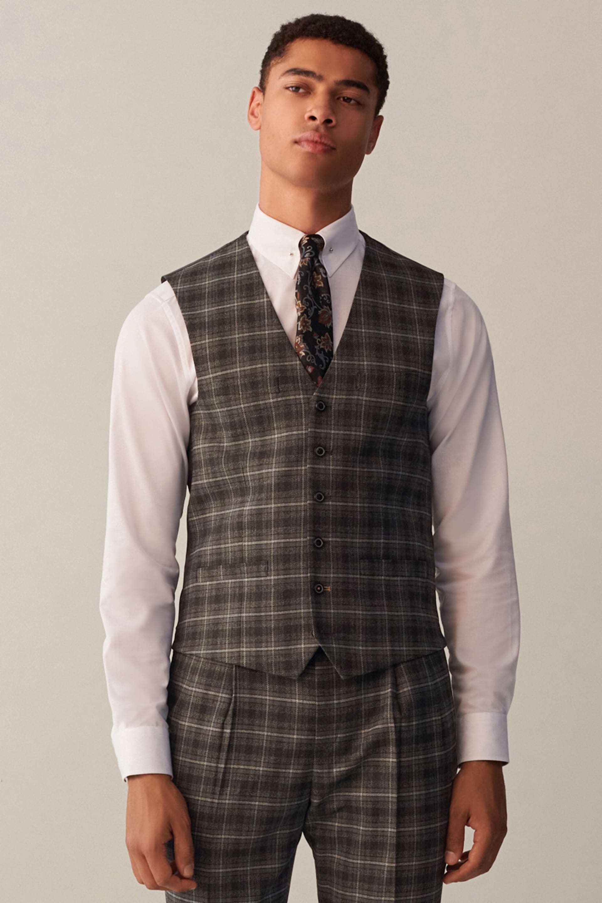 Grey Slim Fit Trimmed Check Suit: Waistcoat - Image 1 of 9