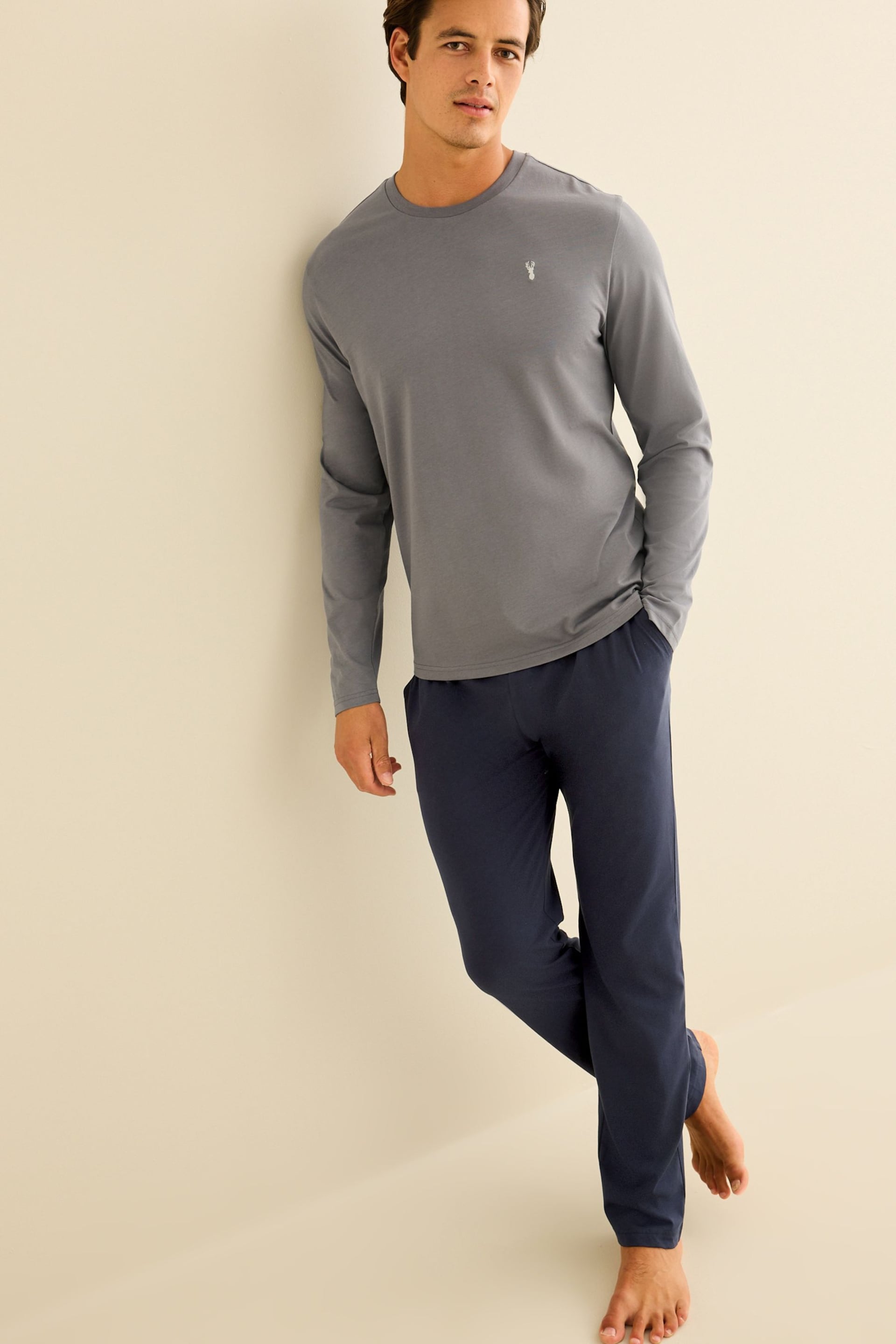 Slate Grey/Navy Long Sleeve Jersey Pyjamas Set - Image 1 of 9