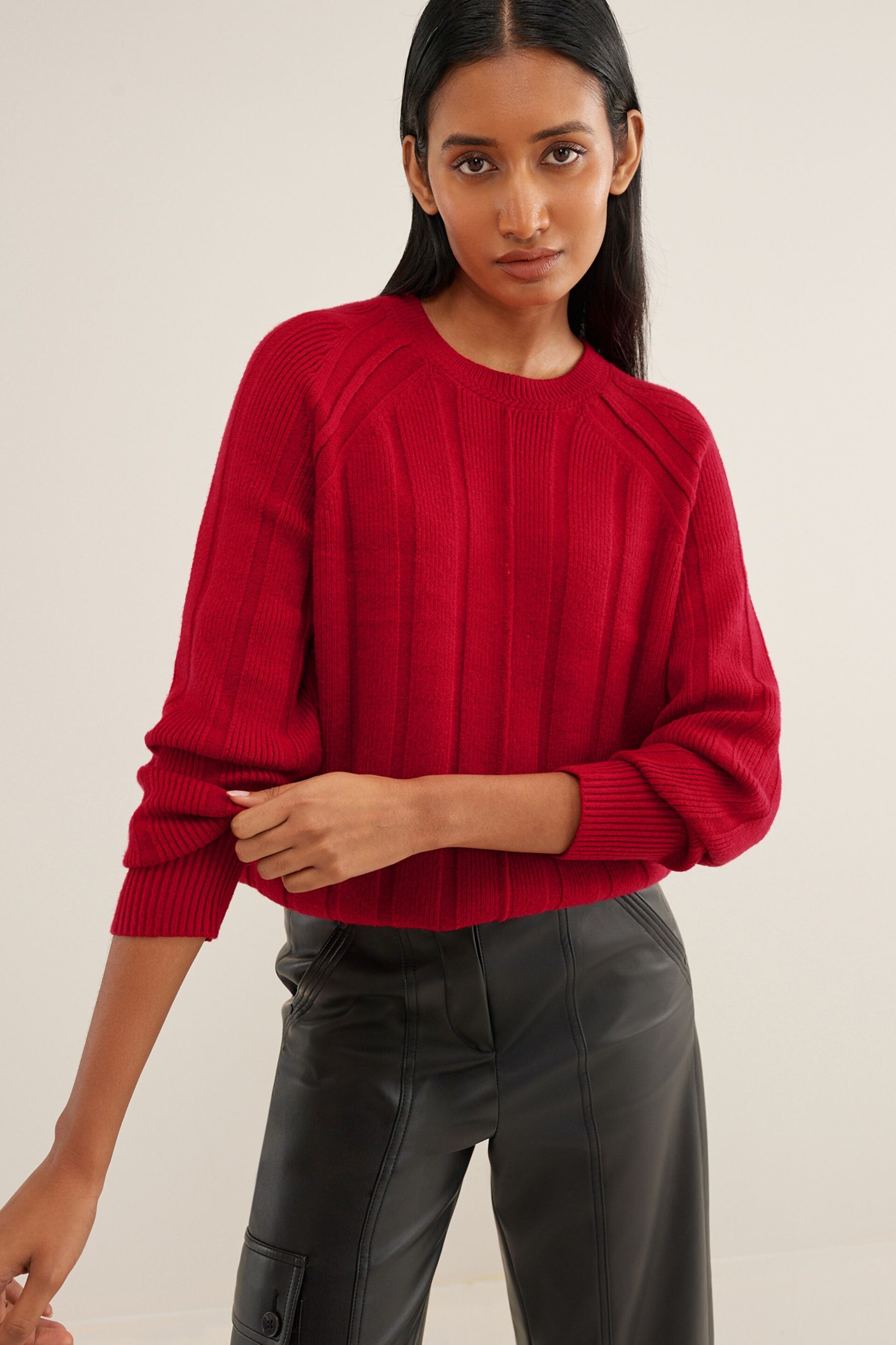 Red Ribbed Crew Neck Jumper - Image 1 of 7