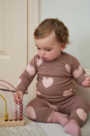 Chocolate Brown Heart Print Knitted Baby 2 Piece Set (0mths-2yrs) - Image 1 of 5