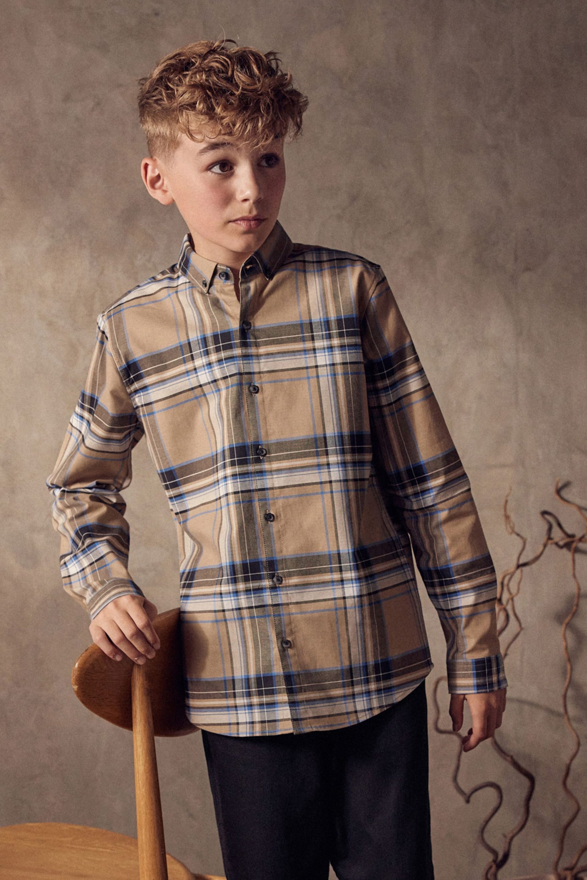 Tan Brown Blue Long Sleeve Oxford Shirt (3-16yrs) - Image 1 of 10