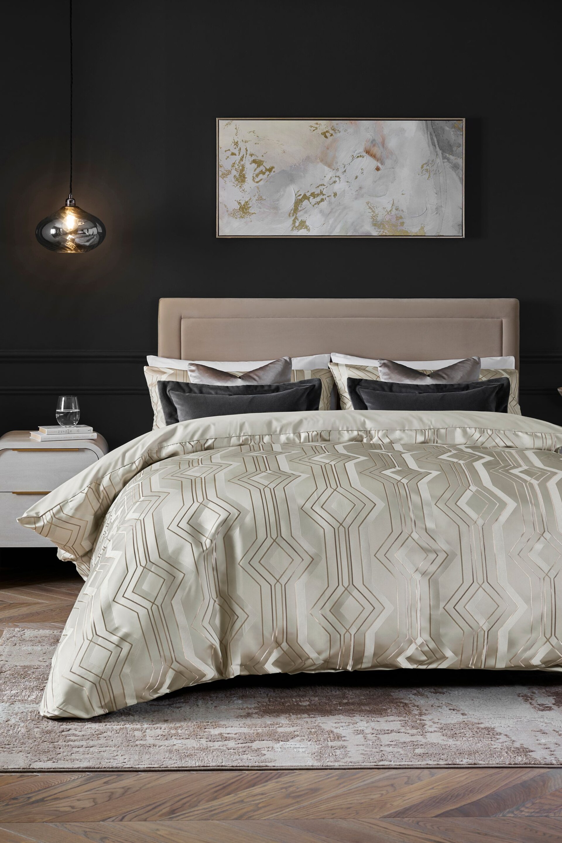 Champagne Geo Jacquard Duvet Cover and Pillowcase Set - Image 1 of 6