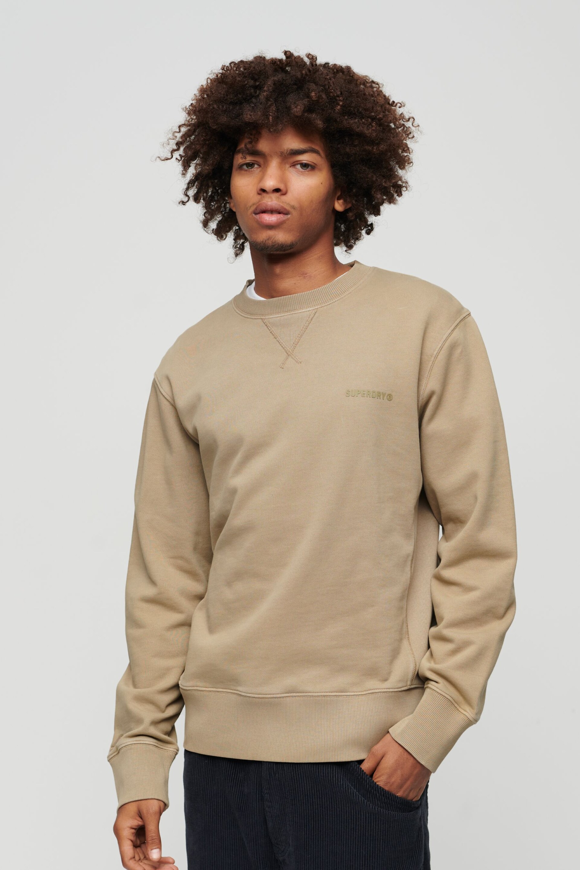 Superdry Beige Overdyed Logo Loose Crew Jumper - Image 1 of 7