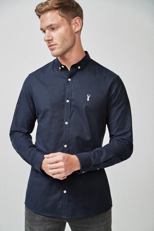 Buy Navy Slim Fit Long Sleeve Stretch Oxford Shirt From The Next