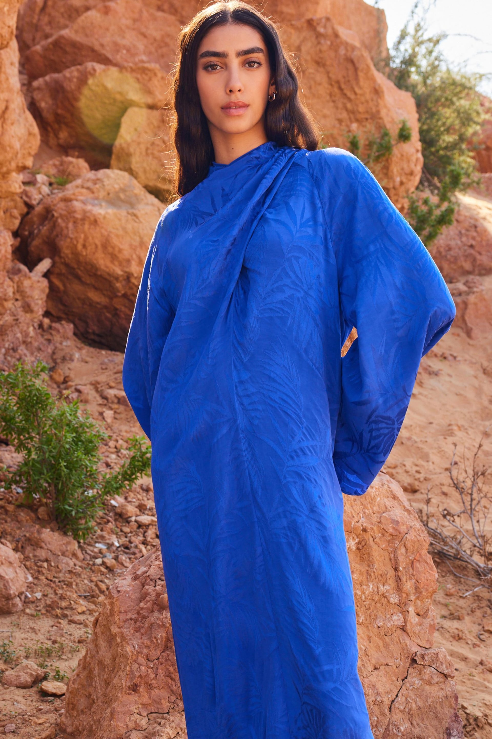 Cobalt Blue Twist High Neck Long Sleeve Jacqaurd Maxi Dress - Image 1 of 6