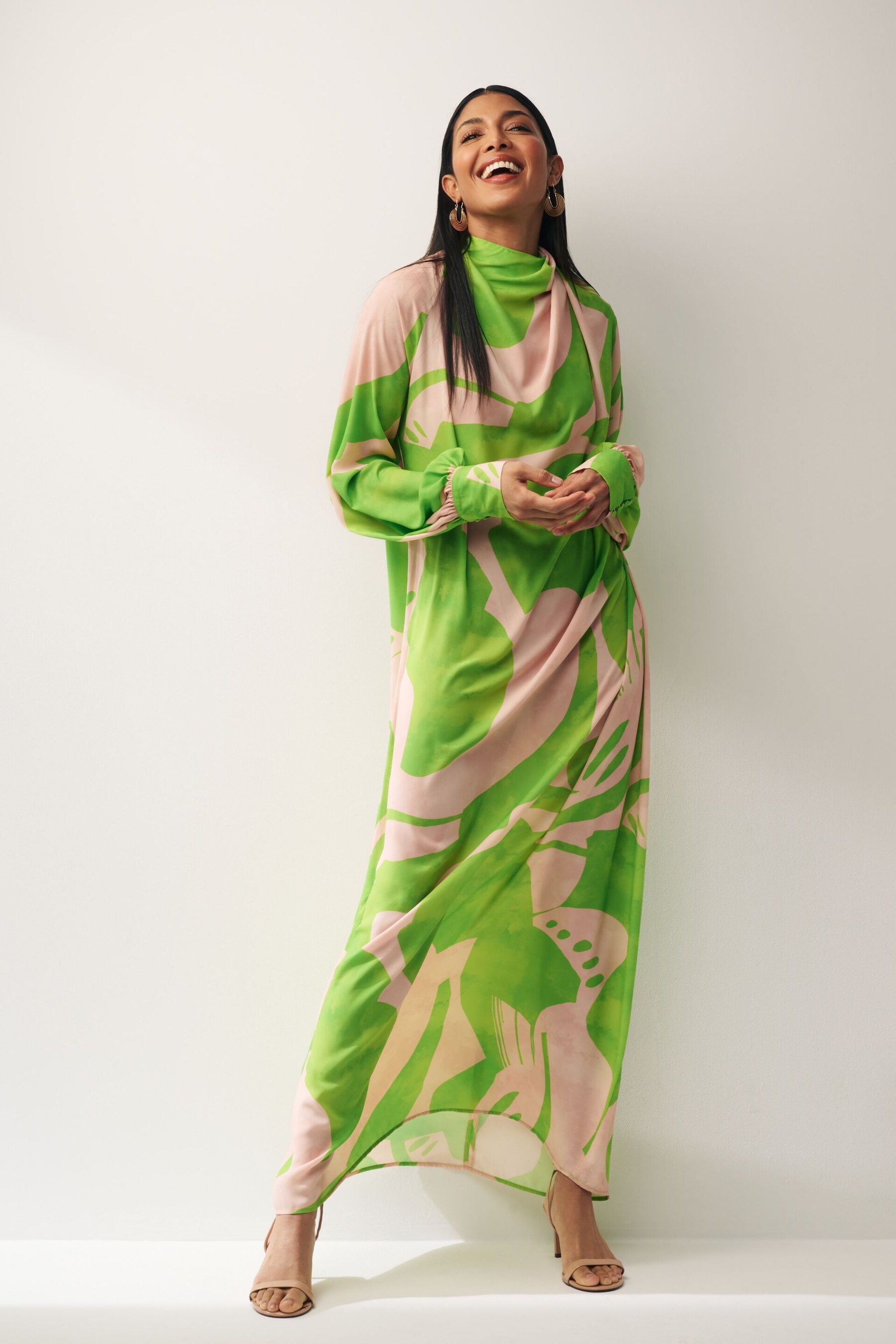 Green/Pink Swirl Print Long Sleeve Scarf Neck Midi Dress - Image 1 of 8