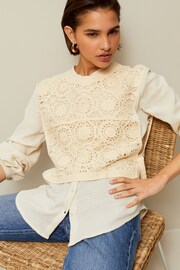Ecru Cream Crochet Woven Mix Tie Side Layer Top - Image 1 of 7
