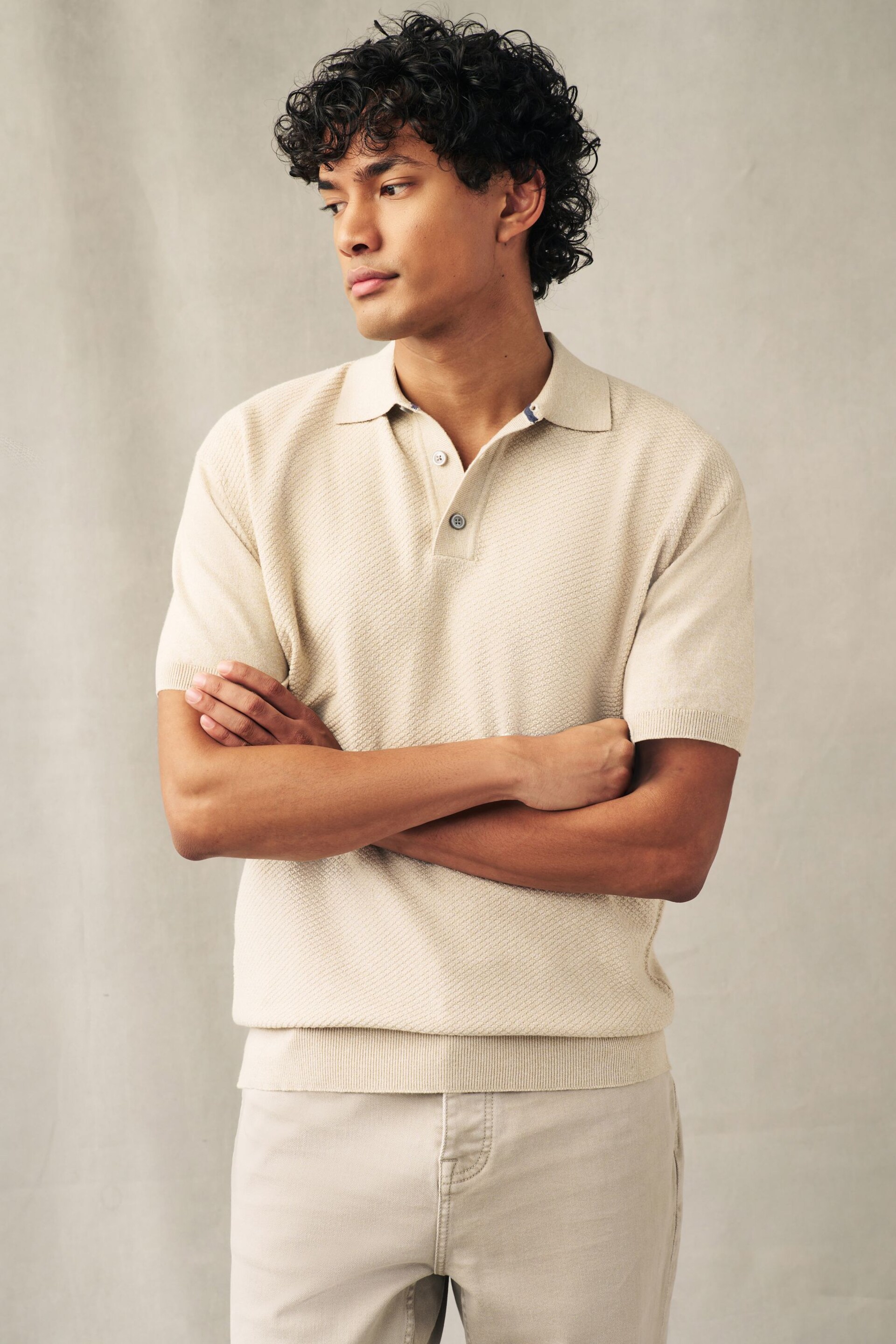 Neutral Knitted Bubble Textured Regular Fit Polo Shirt - Image 1 of 7
