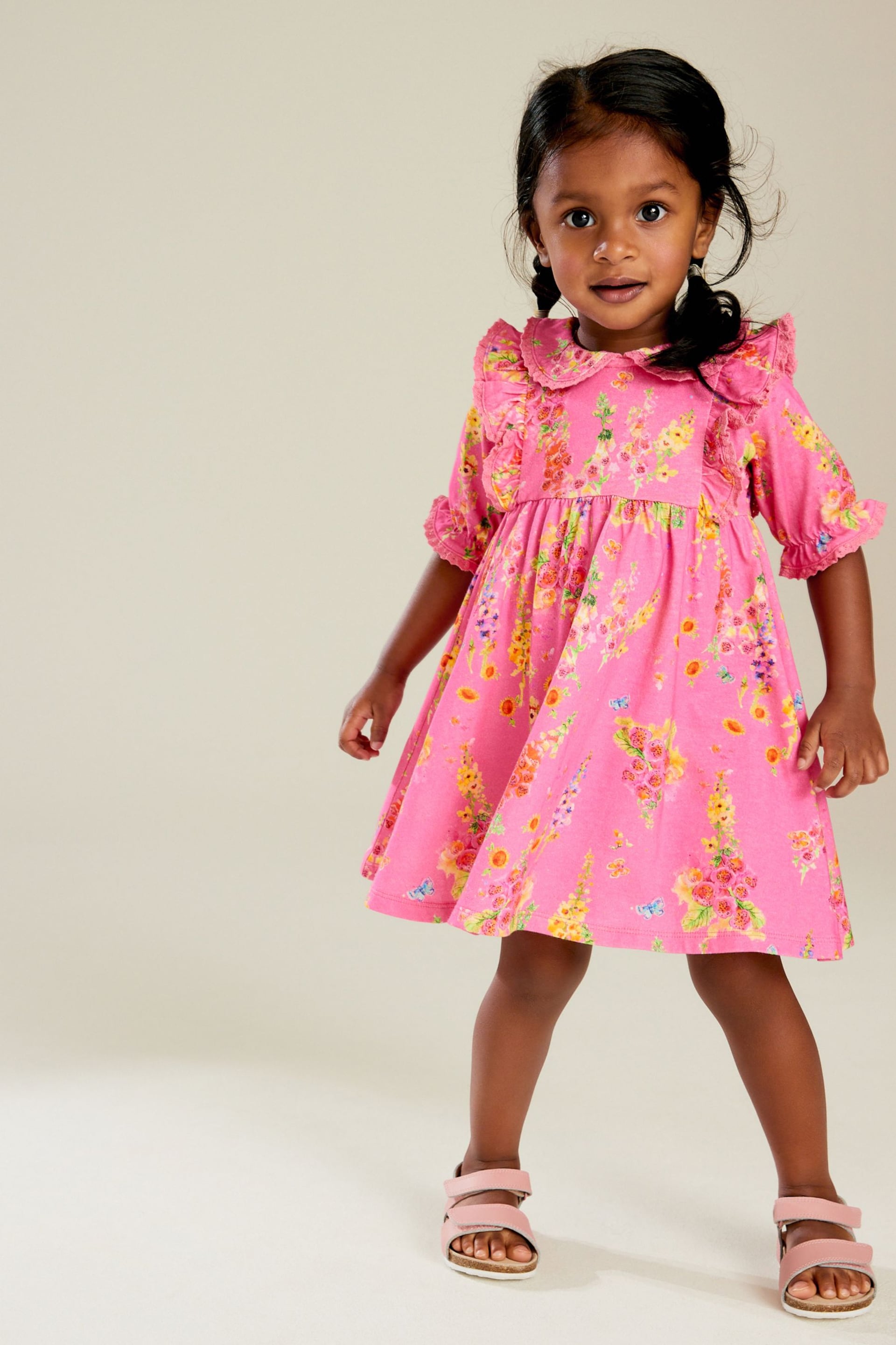 Bright Pink Short Sleeve Collar Dress (3mths-7yrs) - Image 1 of 7