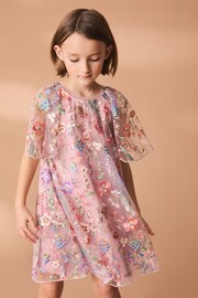 Pink Floral Embroidered Mesh Occasion Dress (3-16yrs) - Image 1 of 7