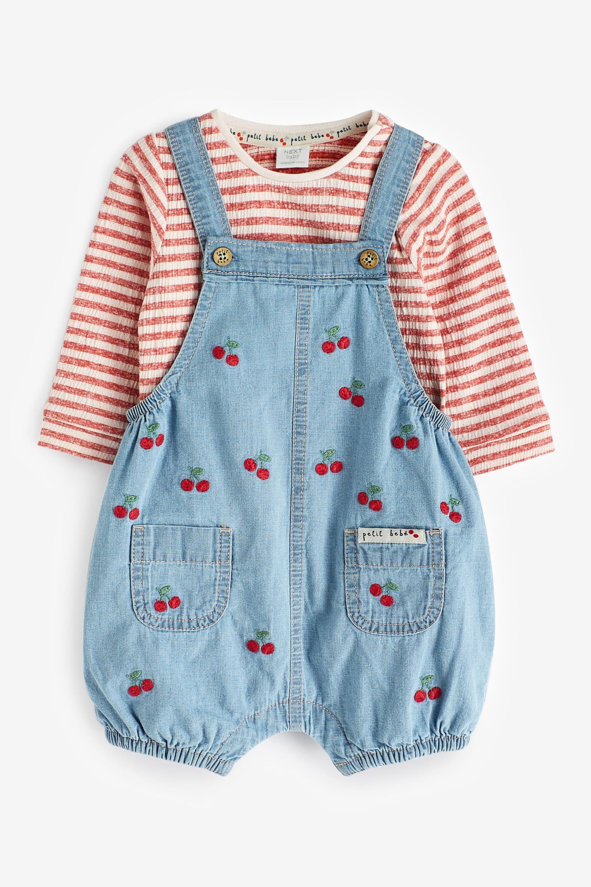 Denim Cherry Baby Long Sleeve Bodysuit and Shorts Leg Dungarees Set (0mths-2yrs) - Image 1 of 7