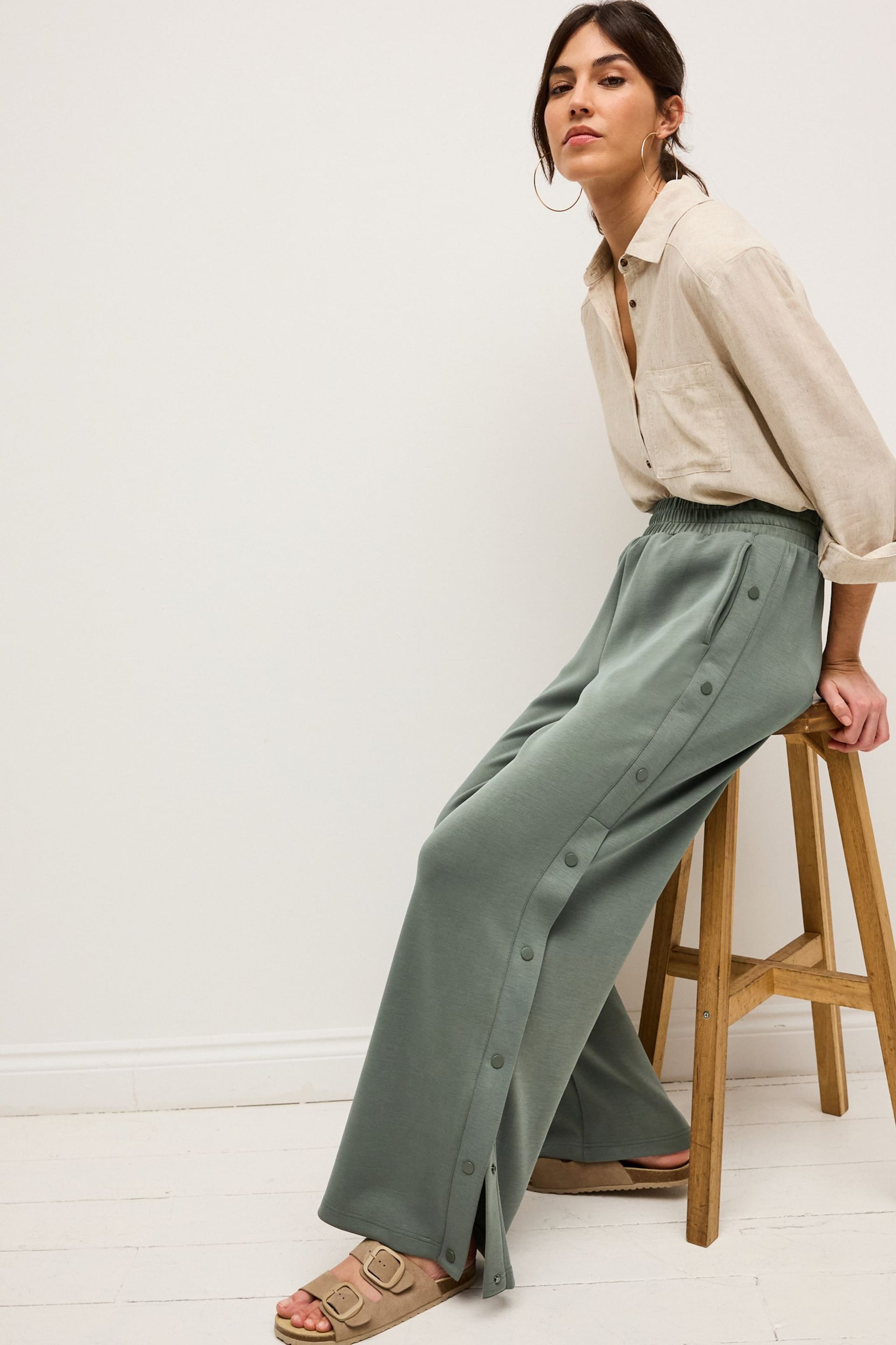 Khaki Green Soft Jersey Popper Side Trousers - Image 1 of 6