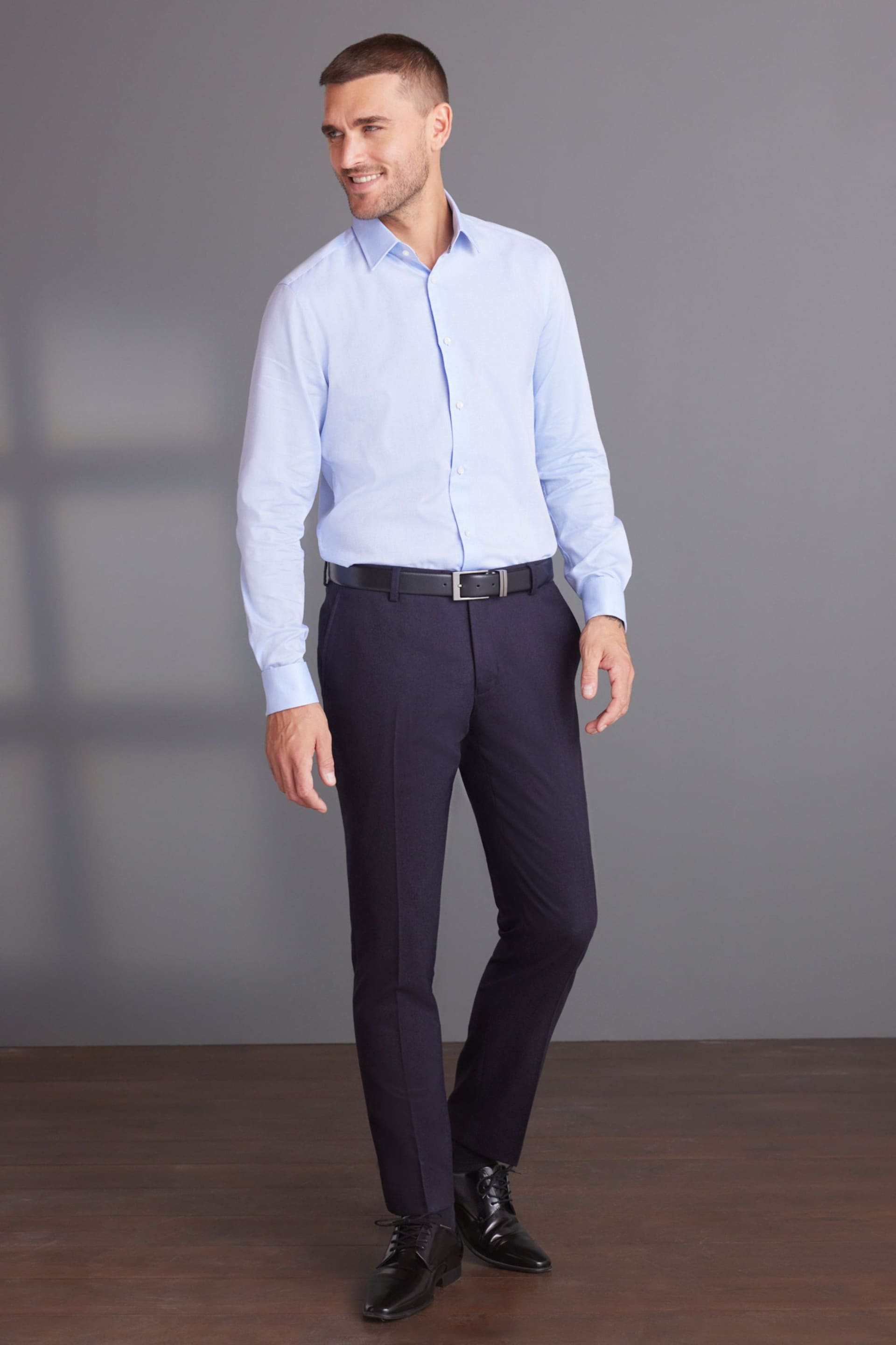 Blue Regular Fit Signature Textured Double Cuff Shirt With Trim Detail - Image 2 of 8