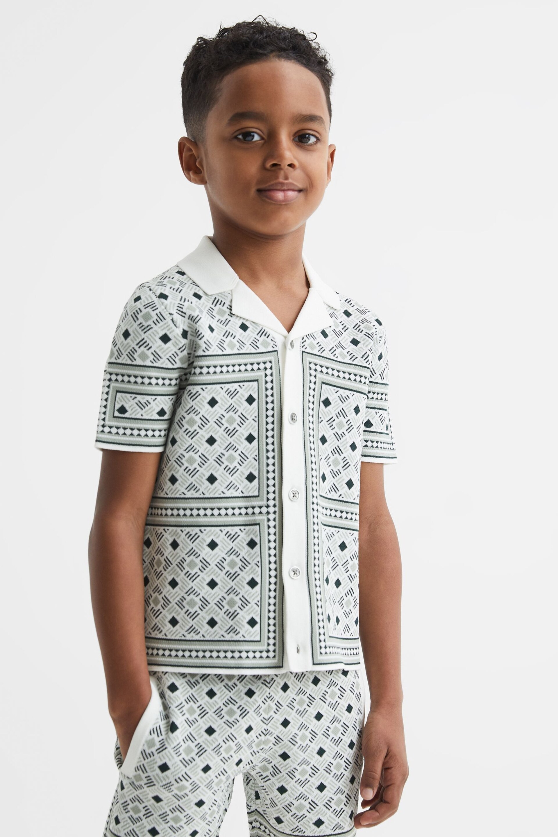 Reiss Sage Charmer Junior Abstract Printed Cuban Collar Shirt - Image 1 of 6