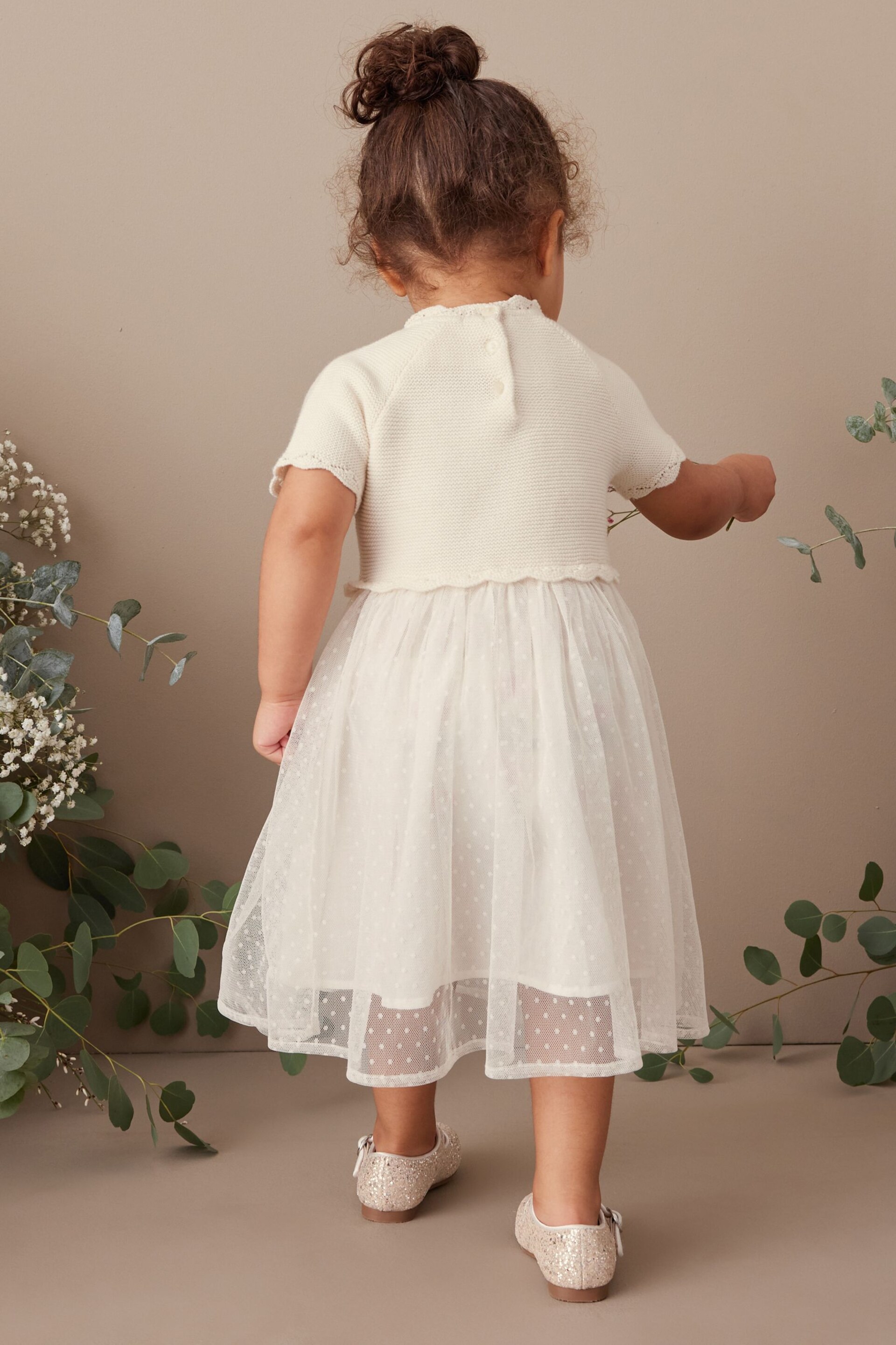 Ecru Cream Marl Sparkle Jumper Dress With Woven Skirt (3mths-7yrs) - Image 2 of 7