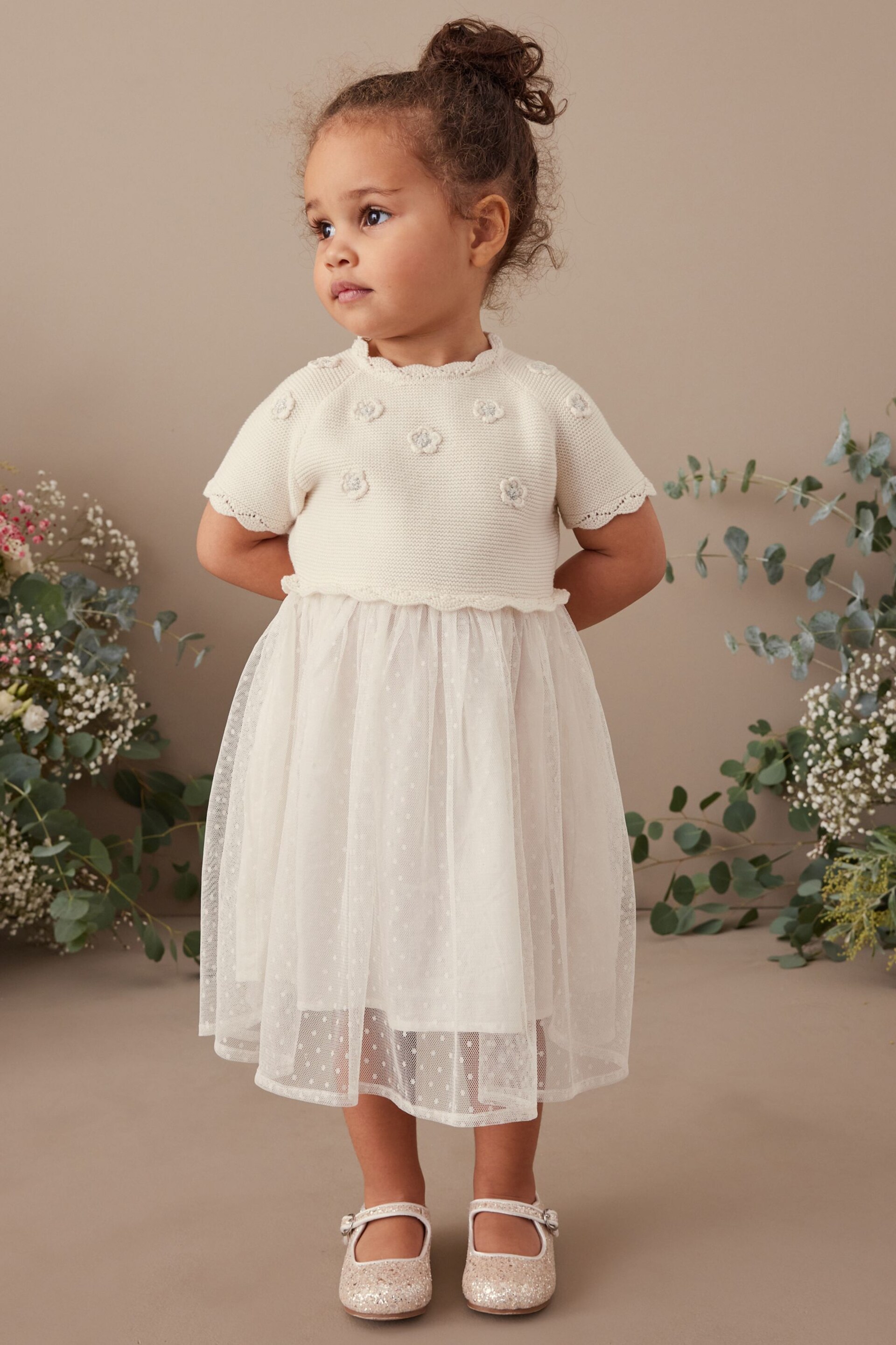 Ecru Cream Marl Sparkle Jumper Dress With Woven Skirt (3mths-7yrs) - Image 3 of 7