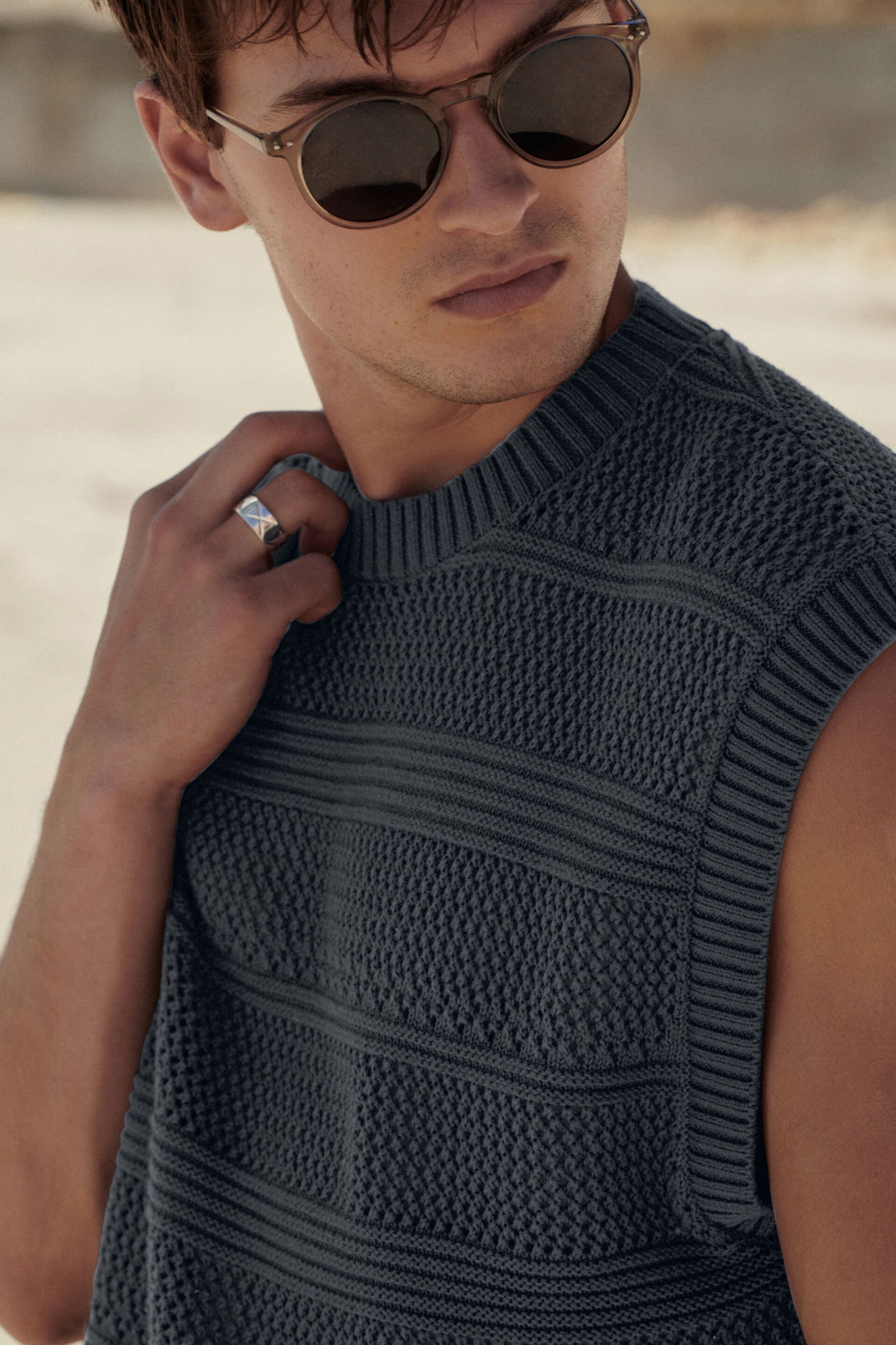 Charcoal Grey Knitted Crochet Regular Fit Tank - Image 1 of 7