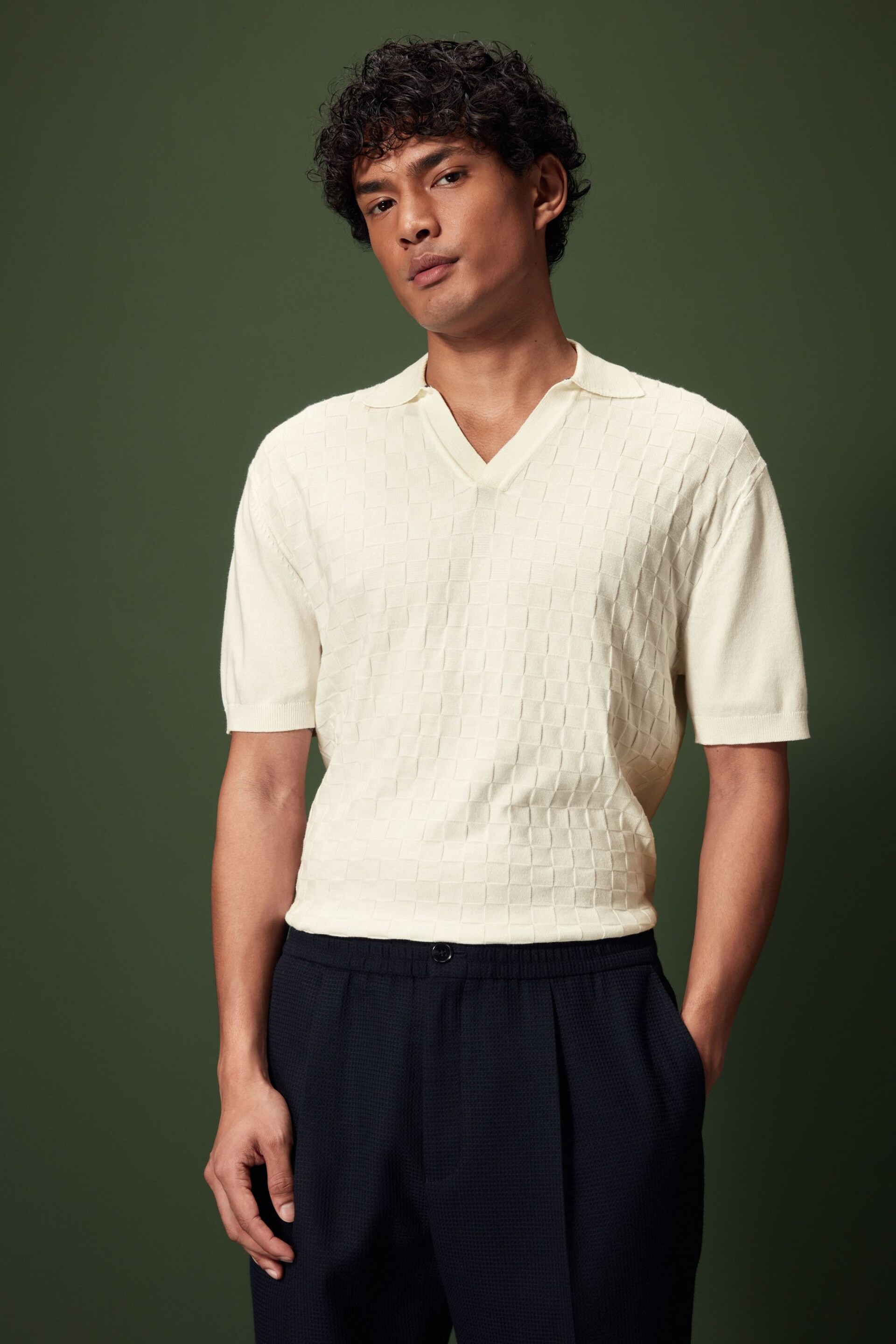 Ecru White Knitted Textured Trophy Polo - Image 1 of 7