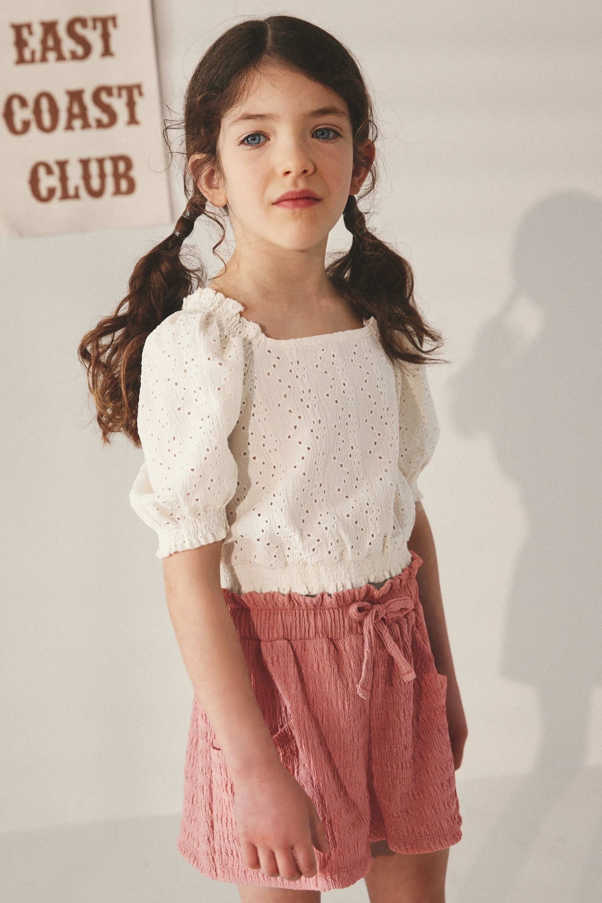 Ecru/Pink Broderie Top and Textured Shorts Set (3-16yrs) - Image 1 of 6