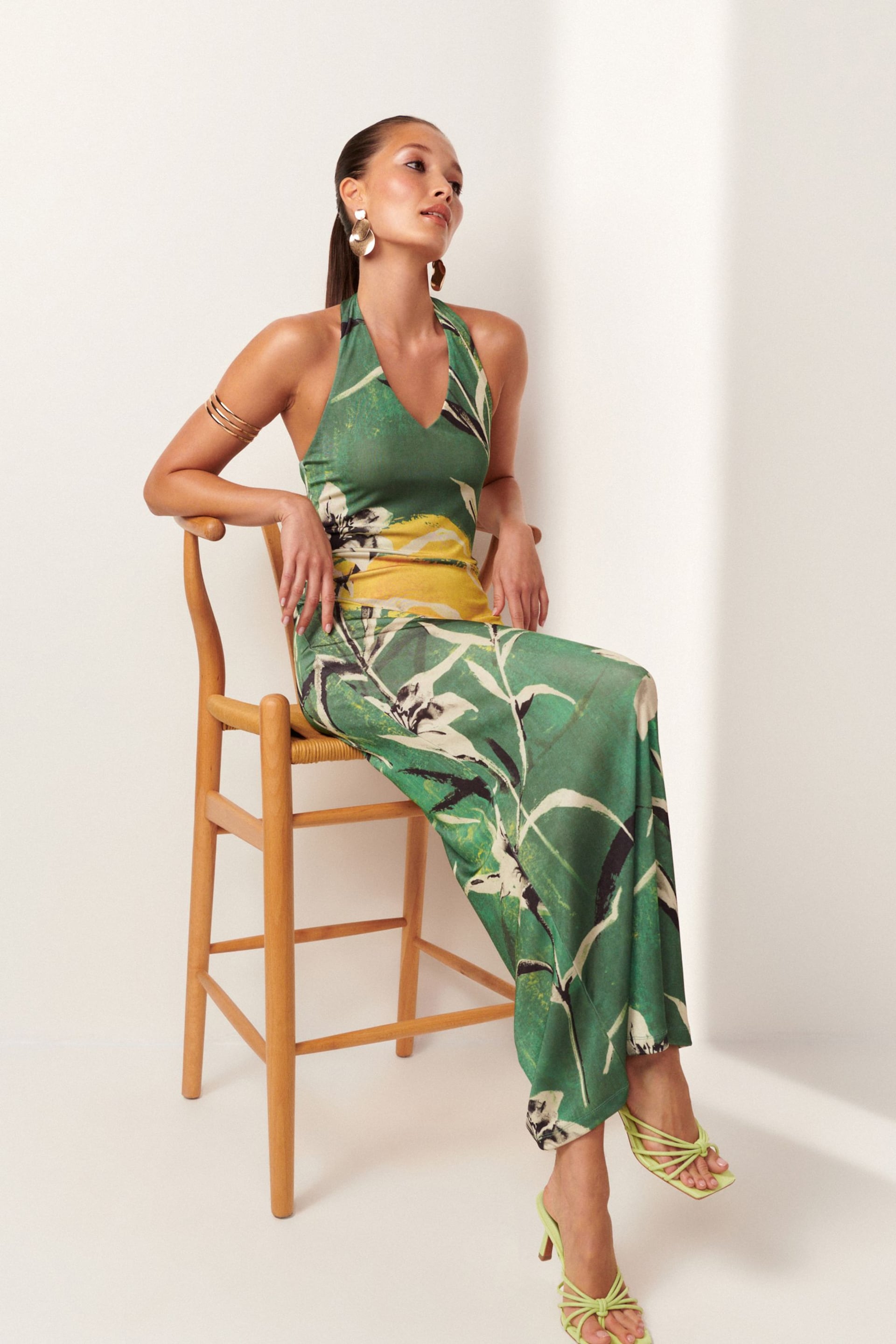 Green Floral Print Halter Neck Maxi Dress - Image 1 of 7