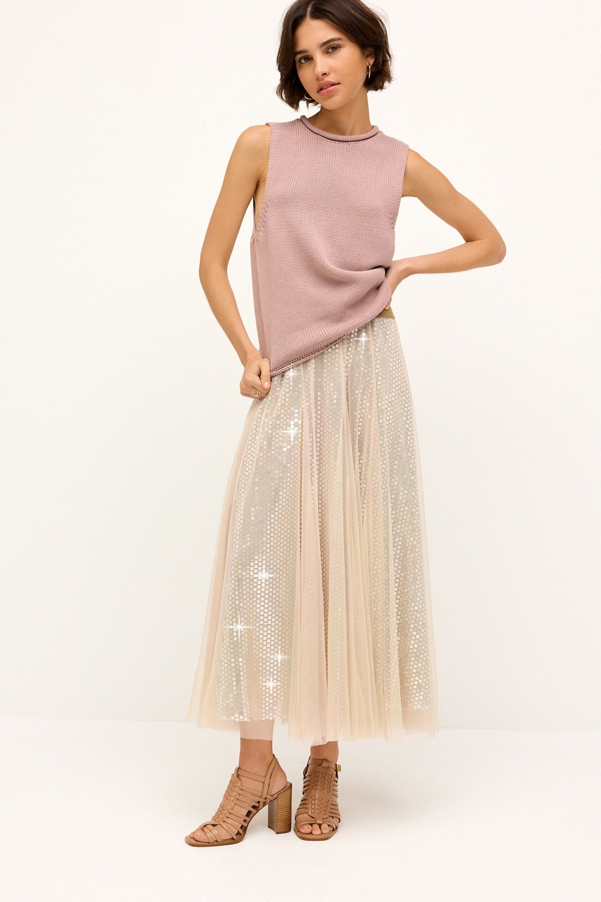 Neutral Sparkle Mesh Midi Skirt - Image 1 of 6