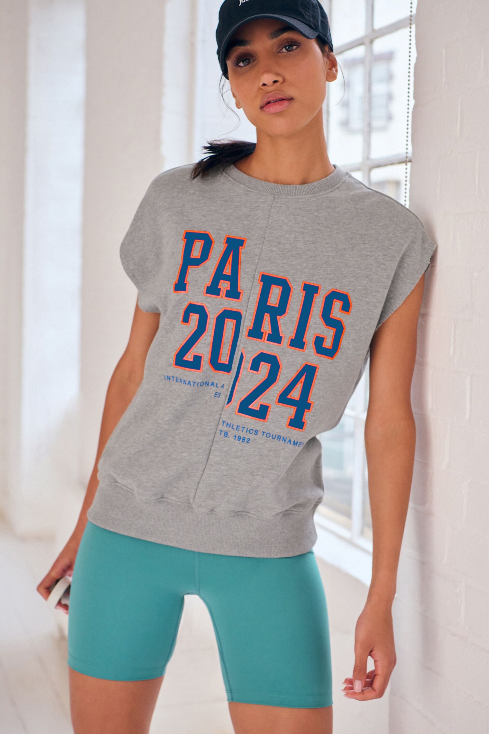 Grey Paris Slogan Graphic Sleeveless Sports Sweatshirt Vest - Image 1 of 6