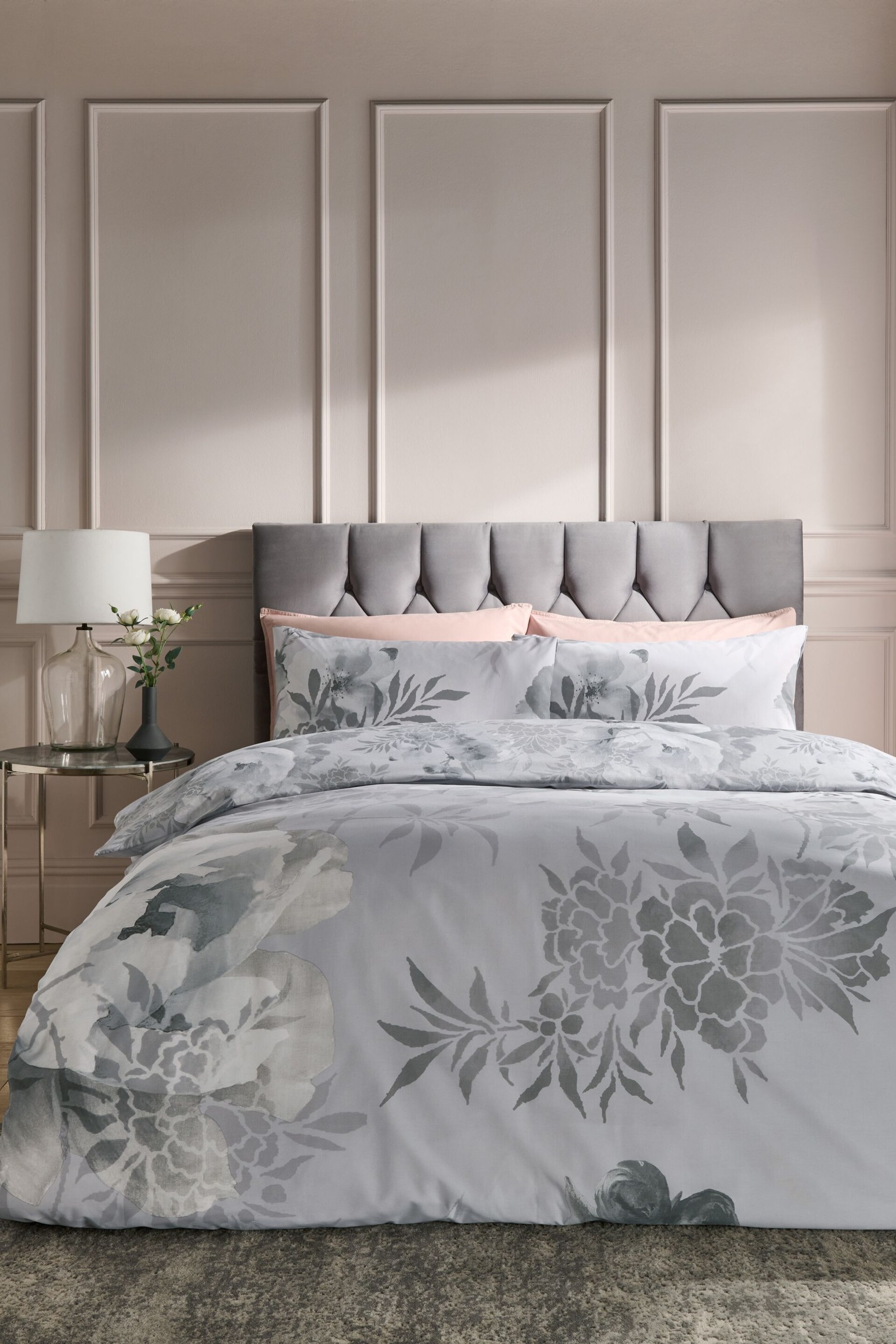 Catherine Lansfield Silver Dramatic Floral Duvet Cover And Pillowcase Set - Image 1 of 4