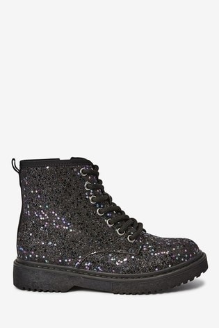 Buy Black Glitter Lace-Up Boots (Older 