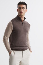 Reiss Mouse Brown / Wheat Melange Omar Merino Colourblock Half Zip Jumper - Image 1 of 7