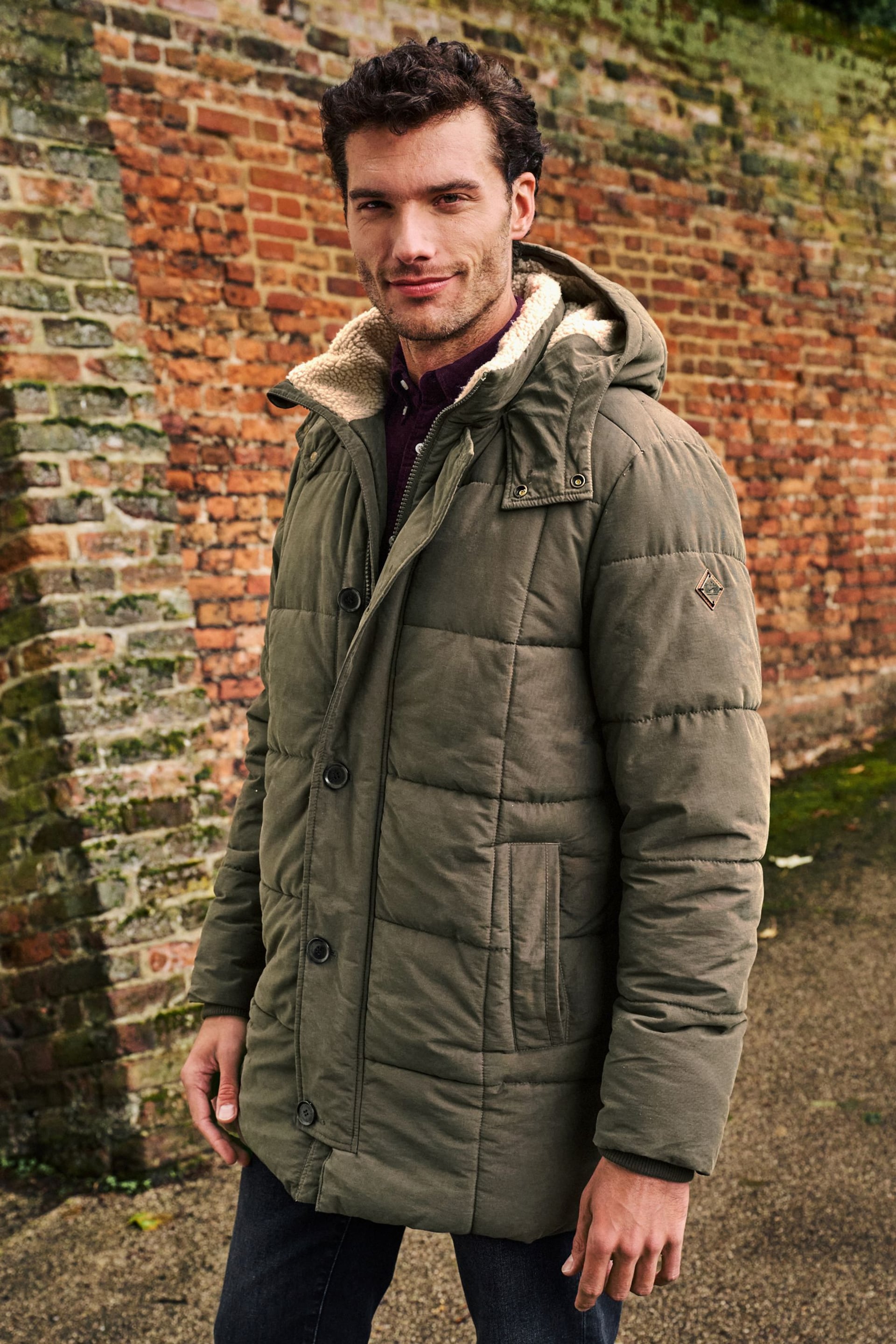 Khaki Green Square Quilted Parka Coat - Image 1 of 12
