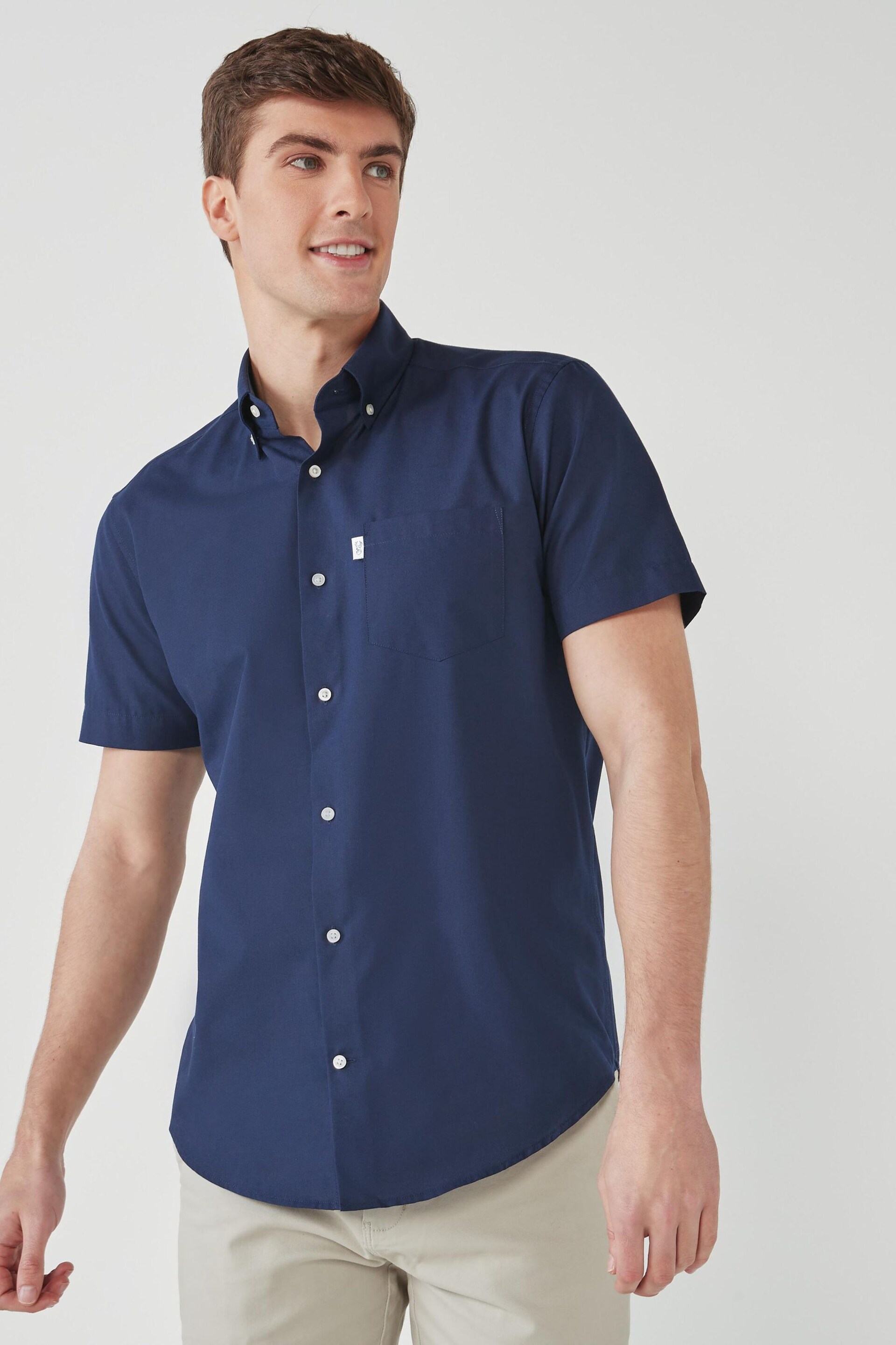 Navy Blue Easy Iron Button Down Short Sleeve Oxford Shirt - Image 1 of 7