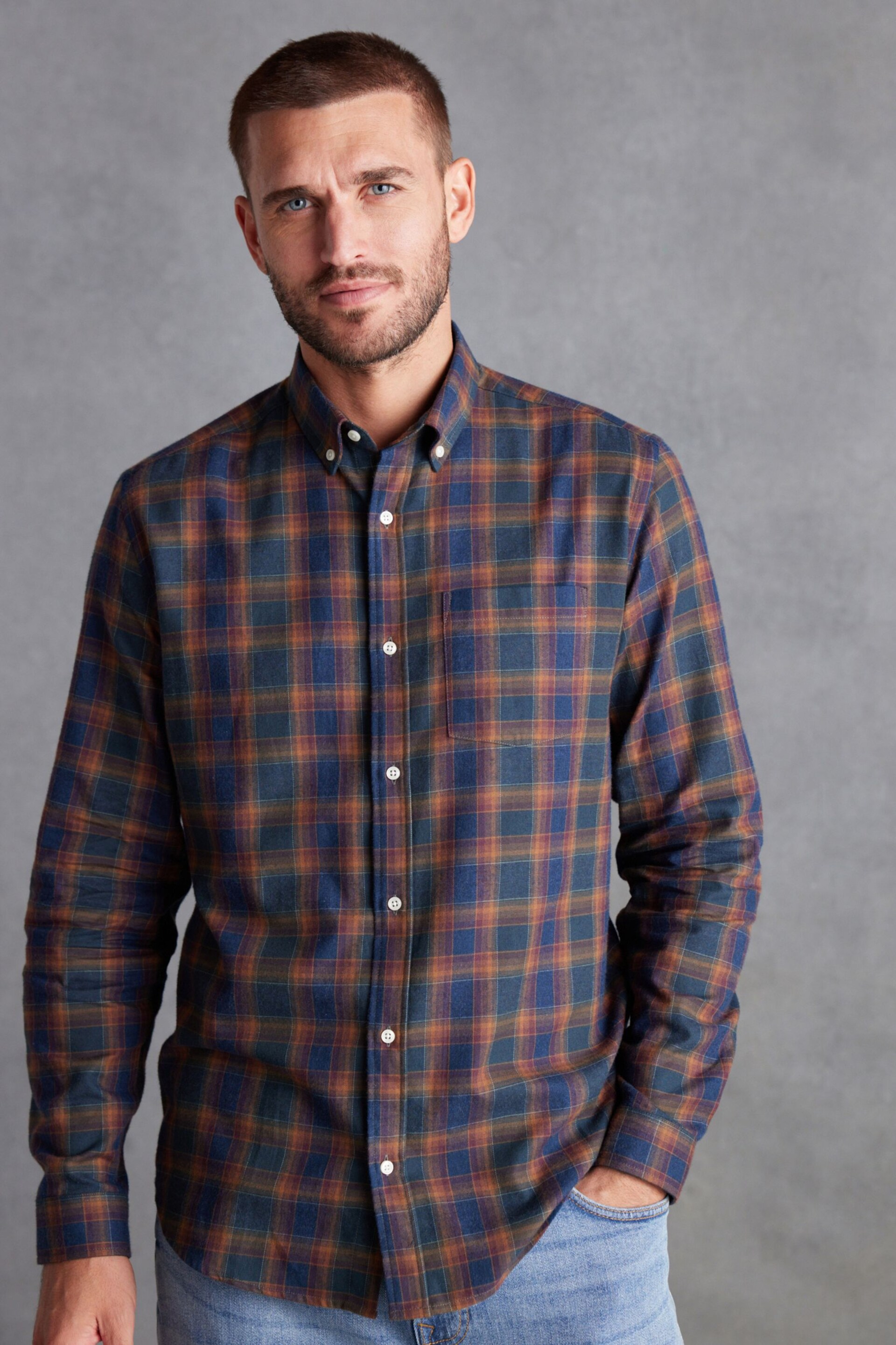 Navy Blue/Rust Brown Signature Brushed Flannel Check Shirt - Image 1 of 9