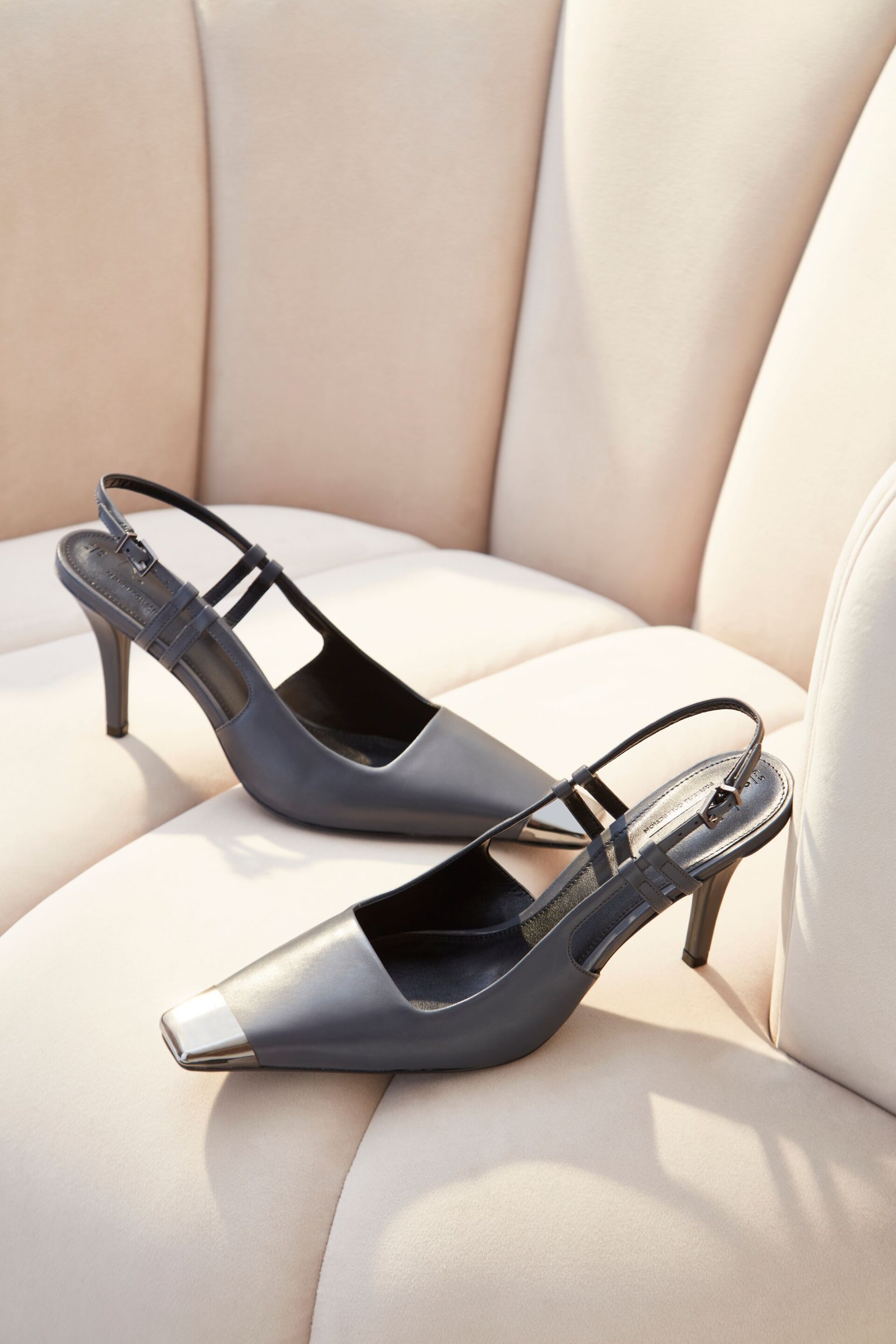 Grey Premium Leather Metal Chisel Toe Slingback Heel Shoes - Image 1 of 6