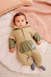 Khaki Green Cosy Sweat Jersey Baby Hooded Romper - Image 1 of 12