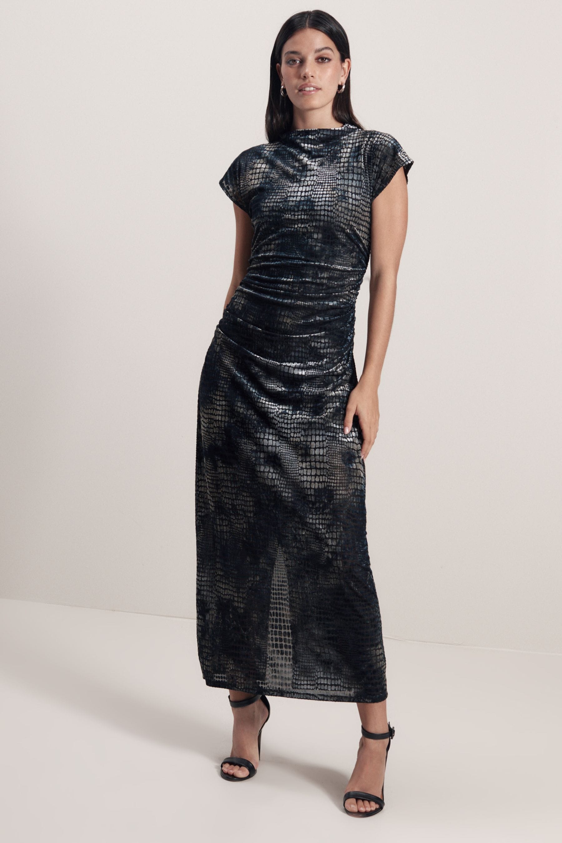 Buy Grey Snake Print Sleeveless High Neck Ruched Midi Dress from Next Luxembourg