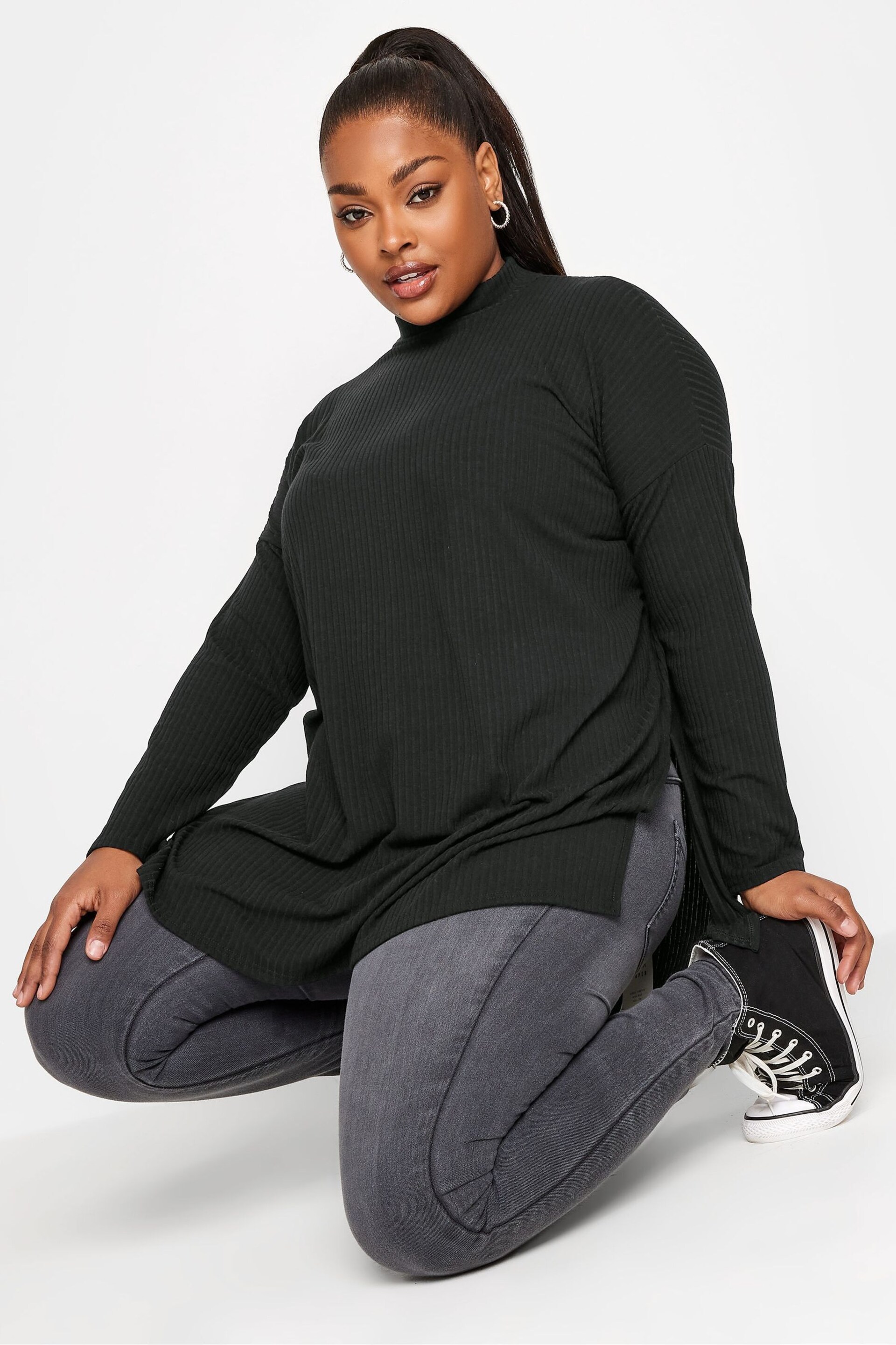 Yours Curve Black Oversized Turtle Neck Ribbed Longsleeve T-Shirt - Image 1 of 5