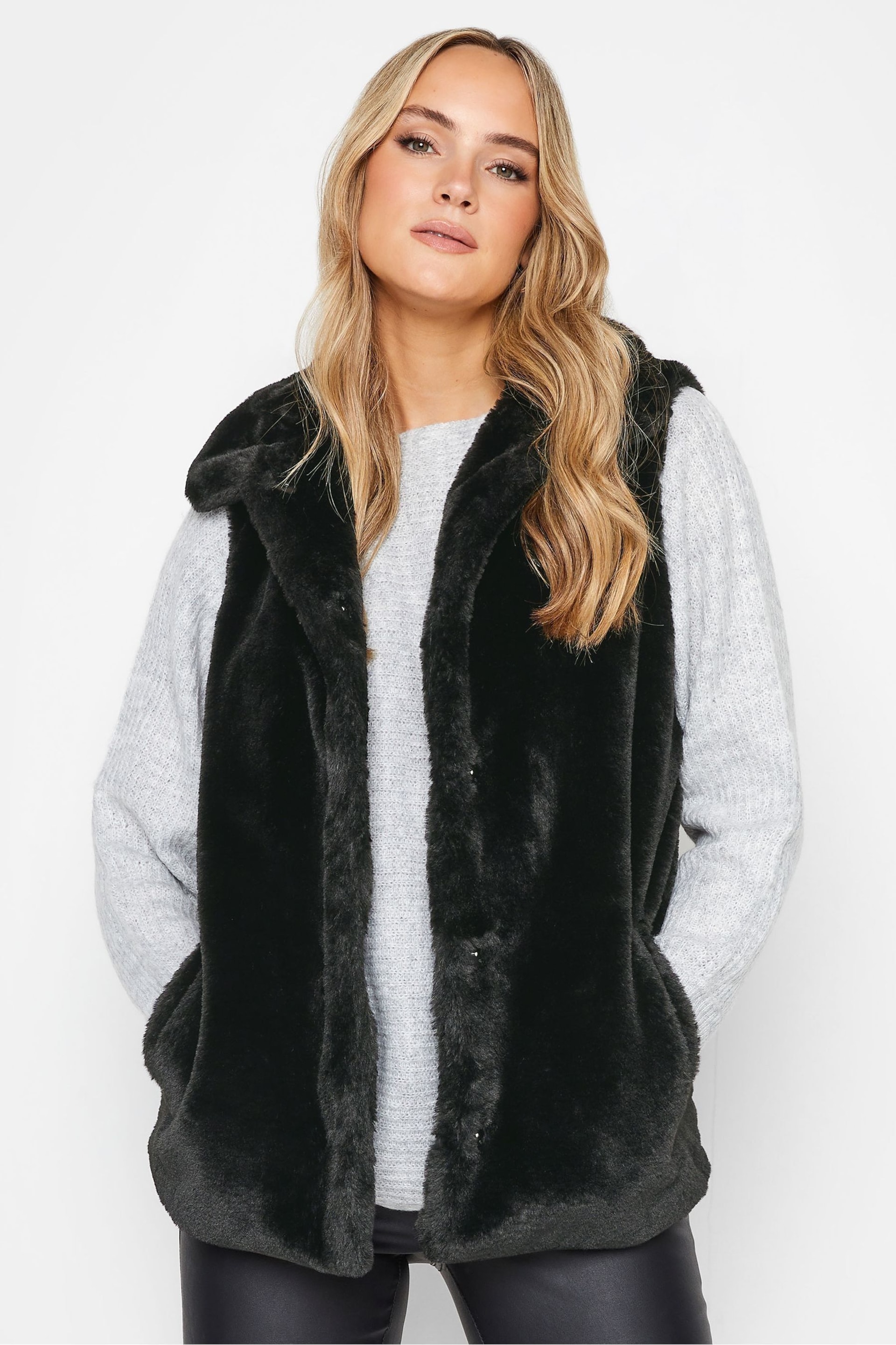 Long Tall Sally Black Faux Fur Gilet - Image 1 of 4