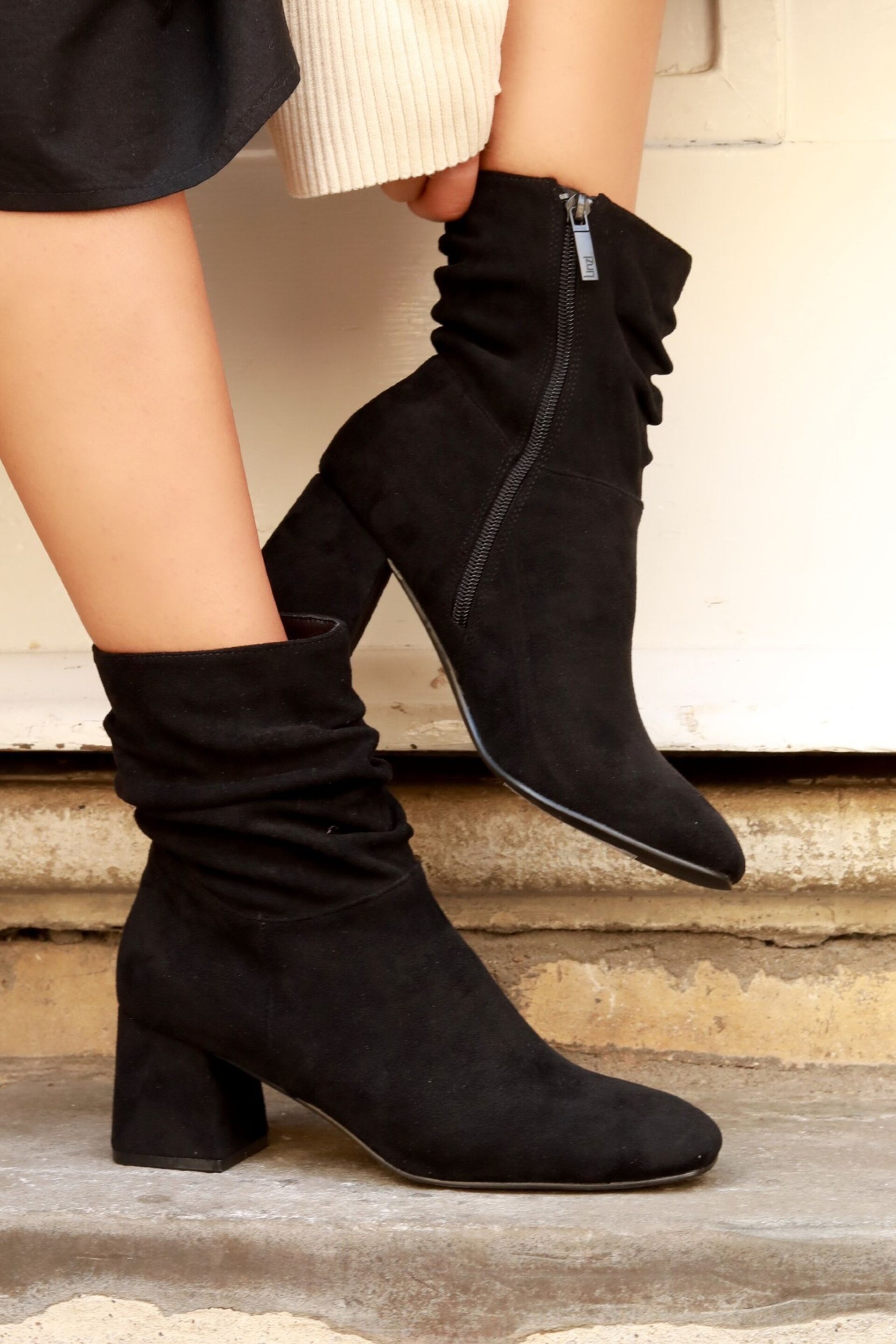 Linzi Black Aster Ruched Heeled Ankle Boots - Image 1 of 5