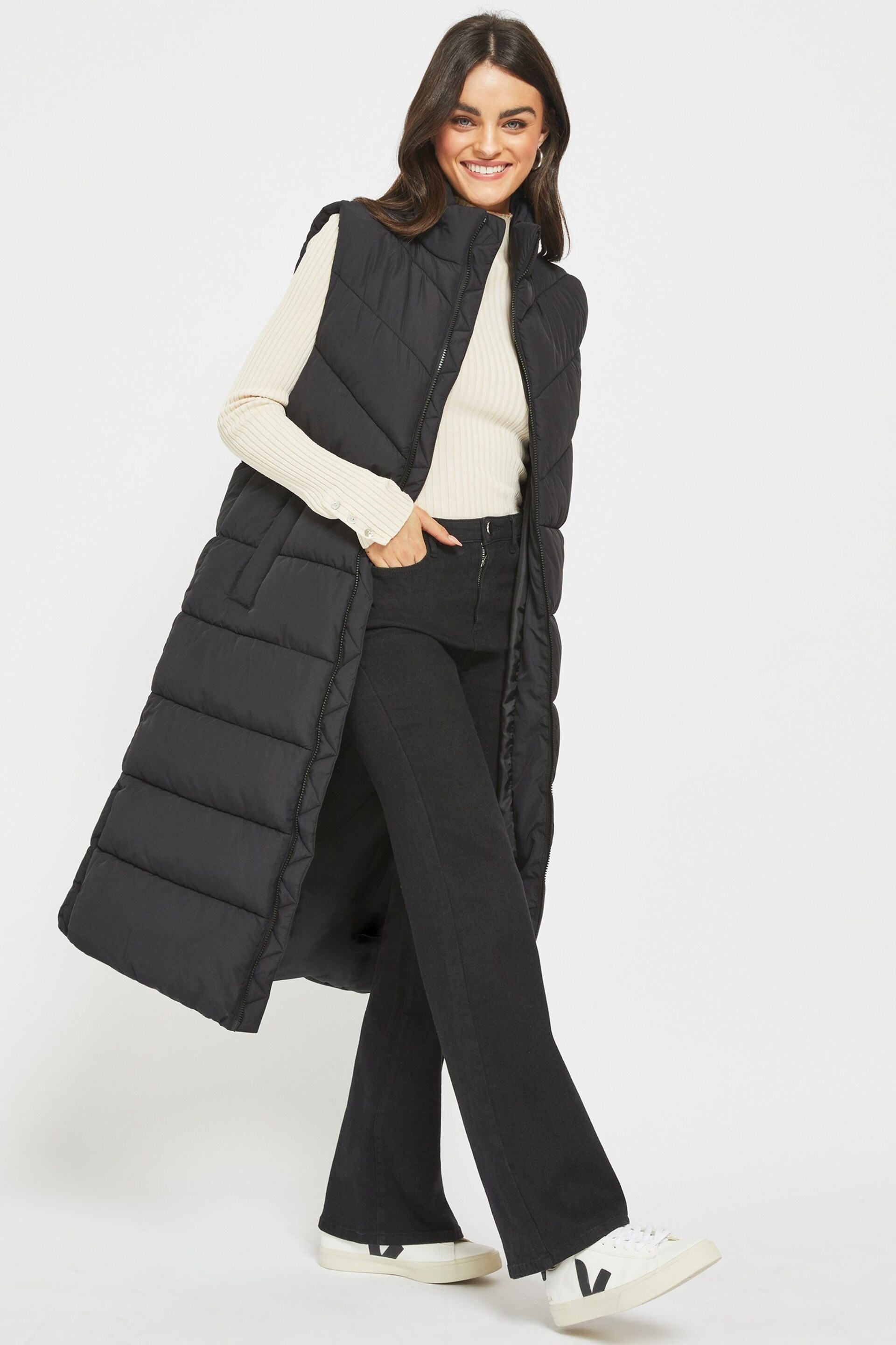 NOISY MAY Black Maxi Length Padded Quilted Collarless Gilet - Image 1 of 5