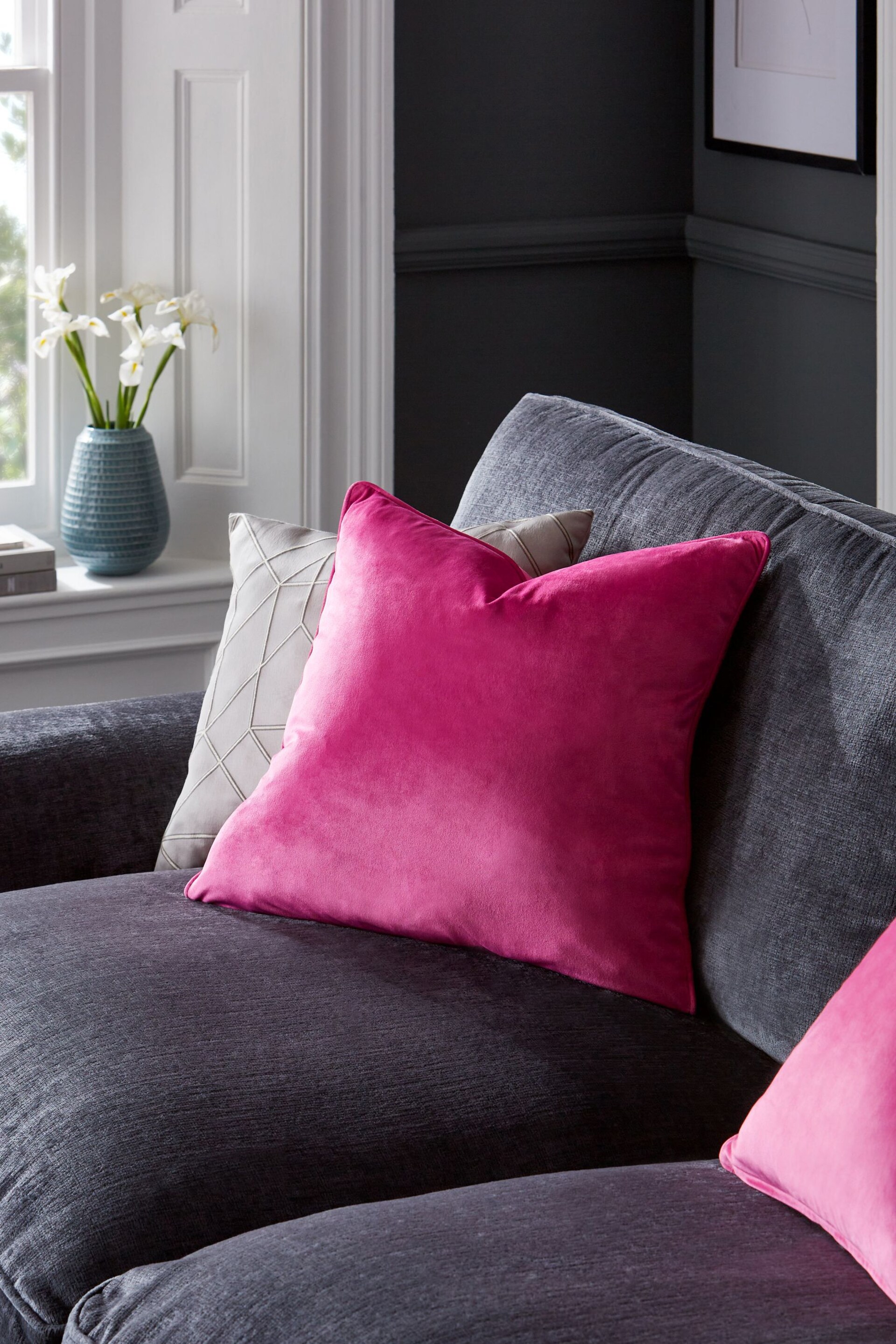 Bright Pink 59 x 59cm Matte Velvet Feather Filled Cushion - Image 1 of 2